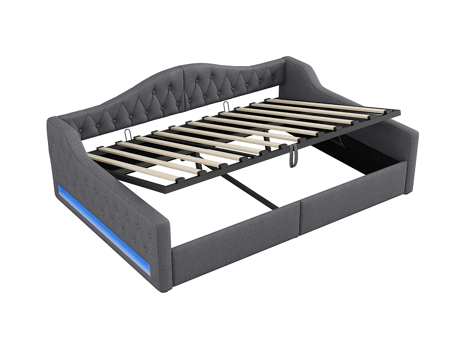 Stauraumbett 140 x 200 cm - Erwachsenenbett mit LED-Beleuchtung und Armlehnen - graues Leinen - ohne Matratze