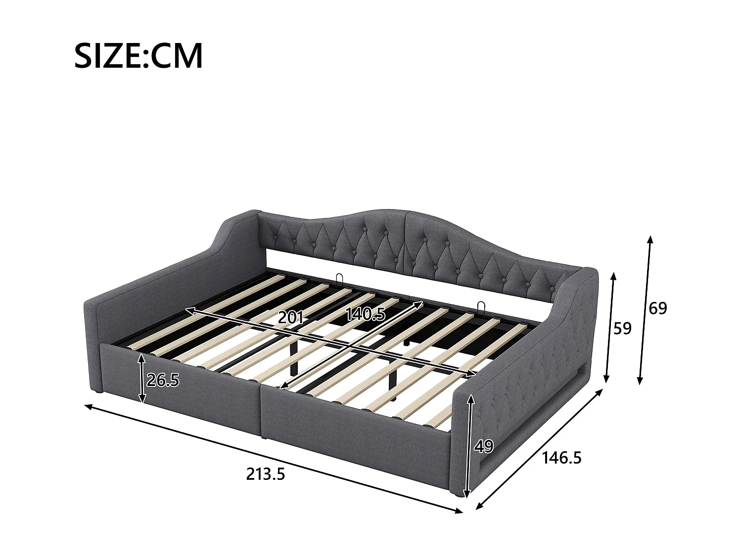 Letto contenitore 140 x 200 cm - Letto per adulti con illuminazione a LED e braccioli - lino grigio - senza materasso