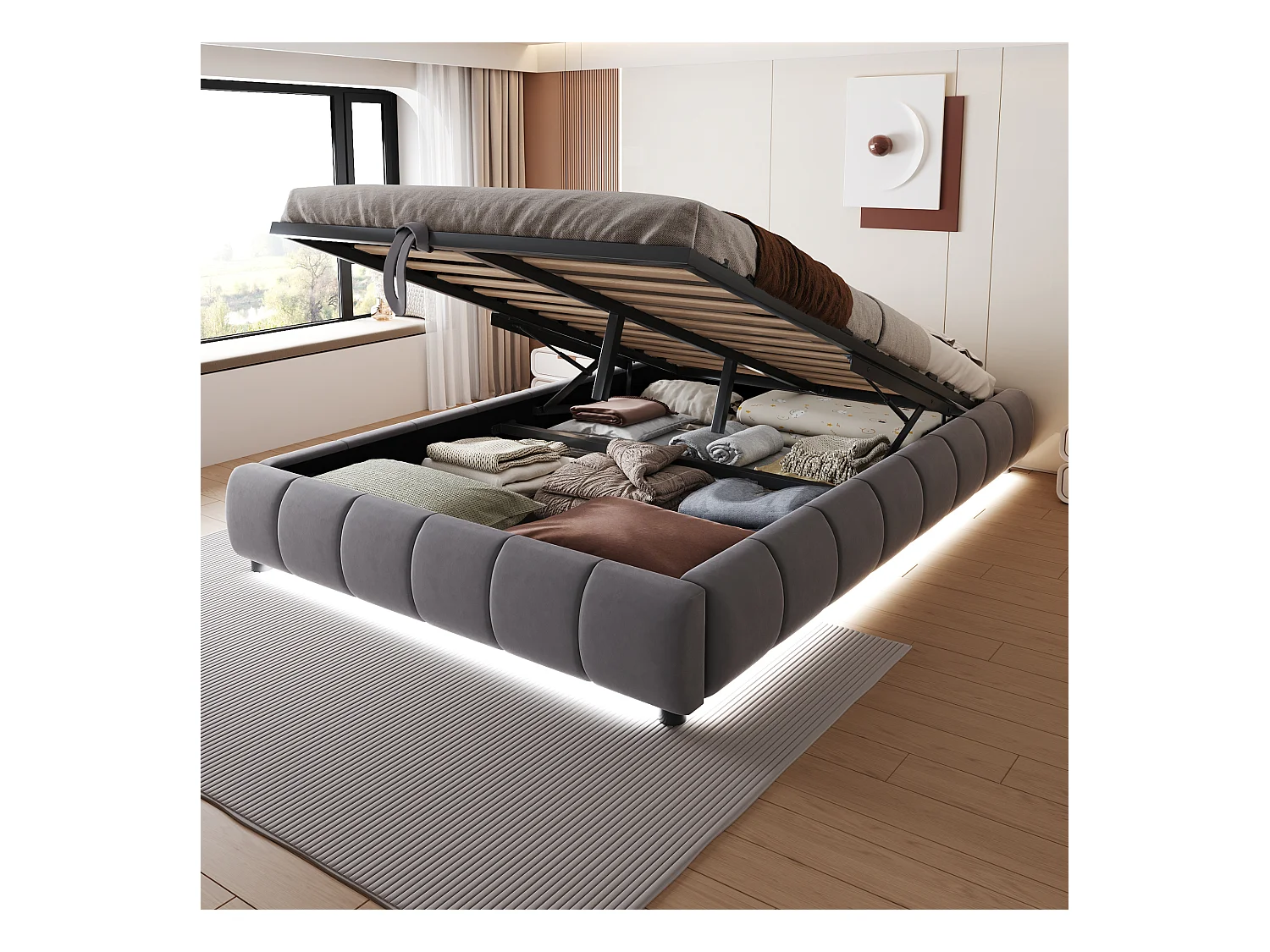 Lit coffre 140 x 200 cm - Lit adulte avec éclairage LED et rangement - flanelle gris - sans matelas