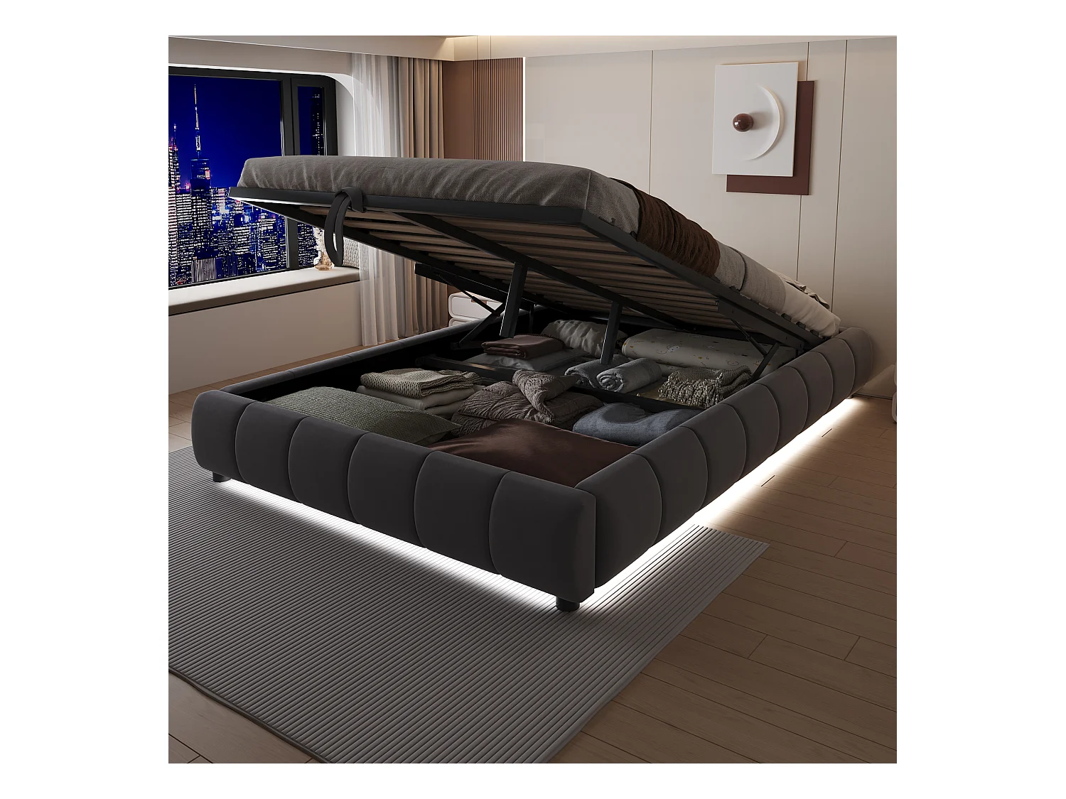 Lit coffre 140 x 200 cm - Lit adulte avec éclairage LED et rangement - flanelle gris - sans matelas