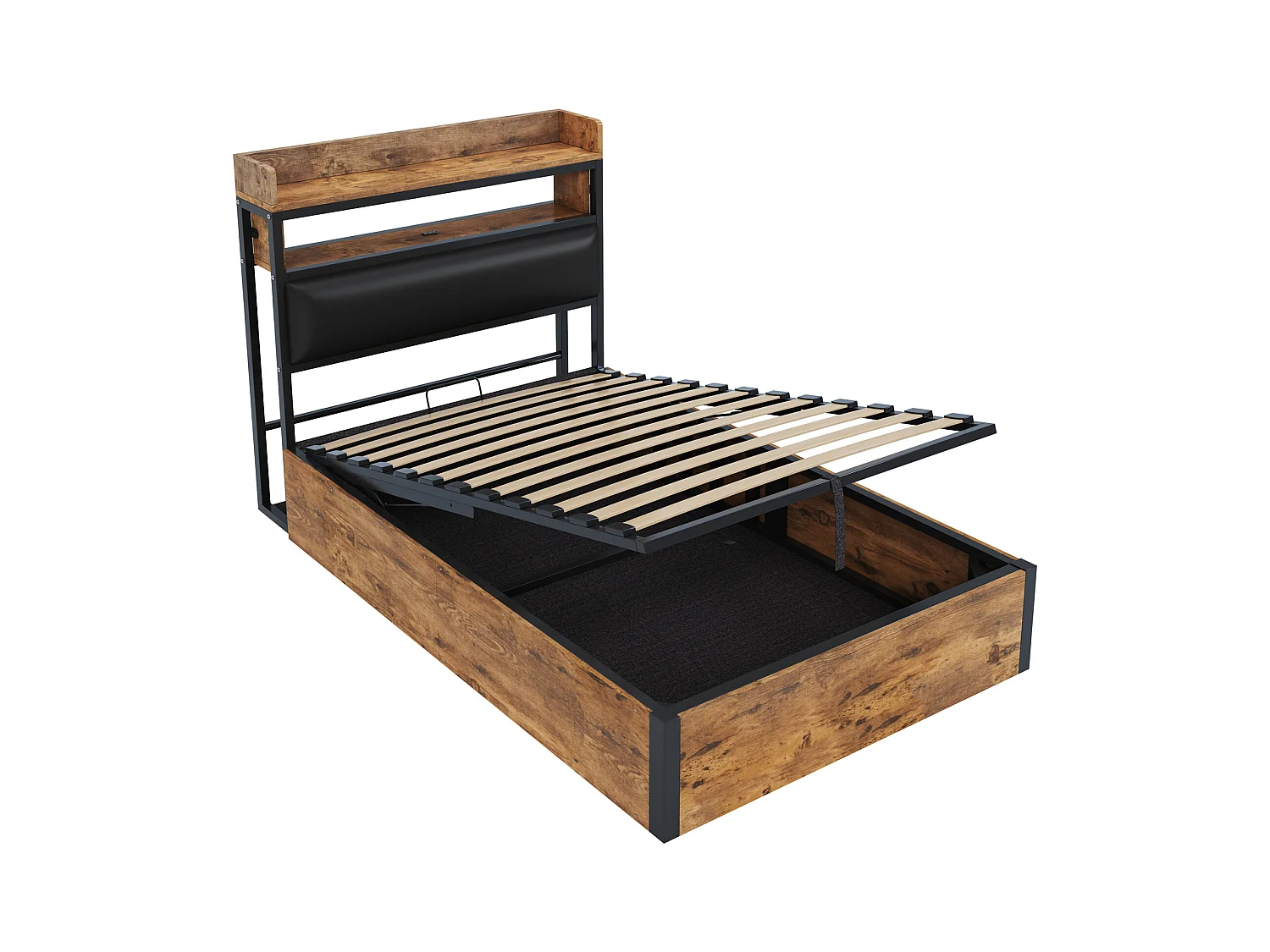 Lit coffre 90 x 200 cm - Lit simple avec chargement USB et tête de lit coffre - bois noir