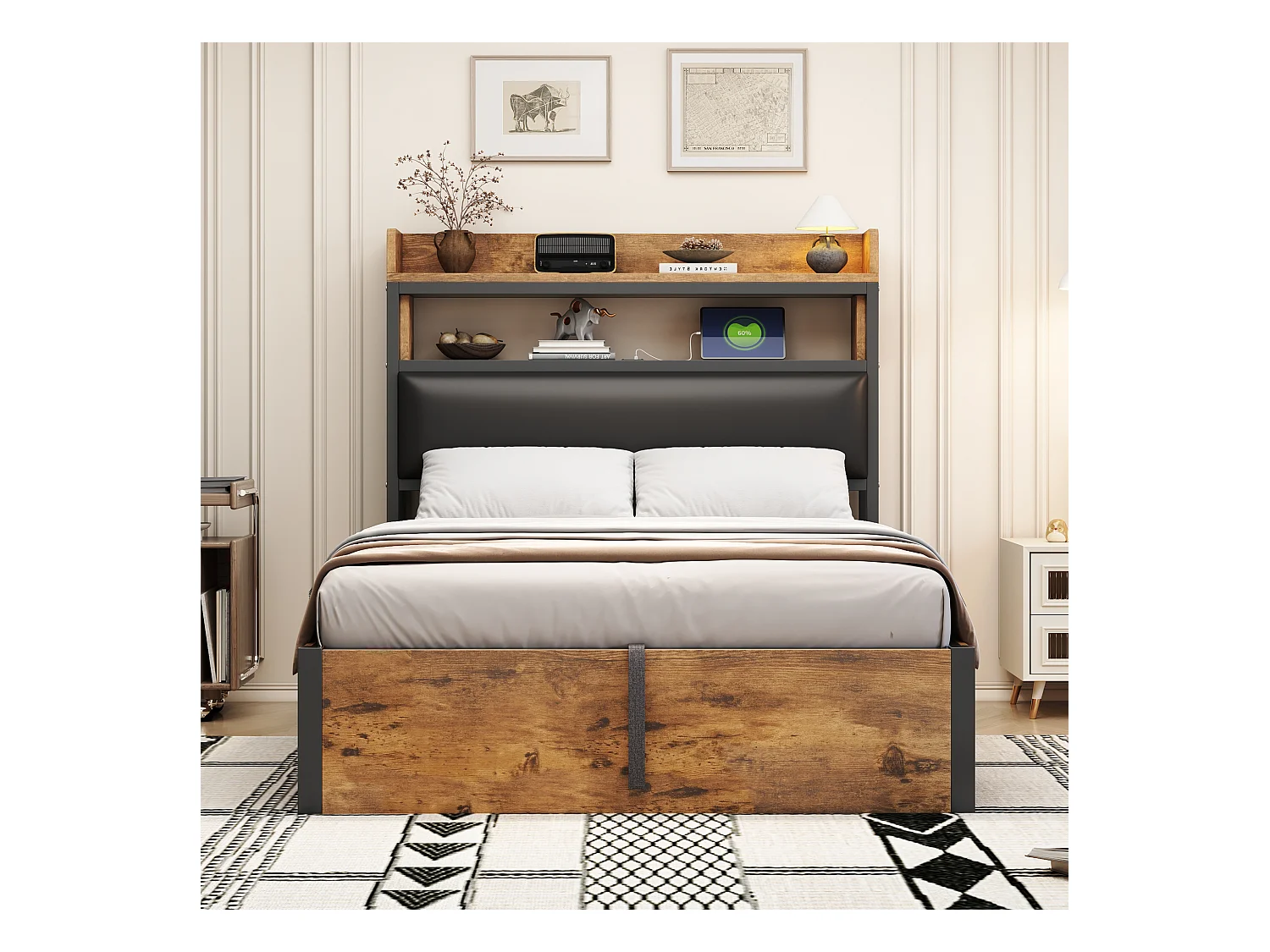 Lit coffre 90 x 200 cm - Lit simple avec chargement USB et tête de lit coffre - bois noir