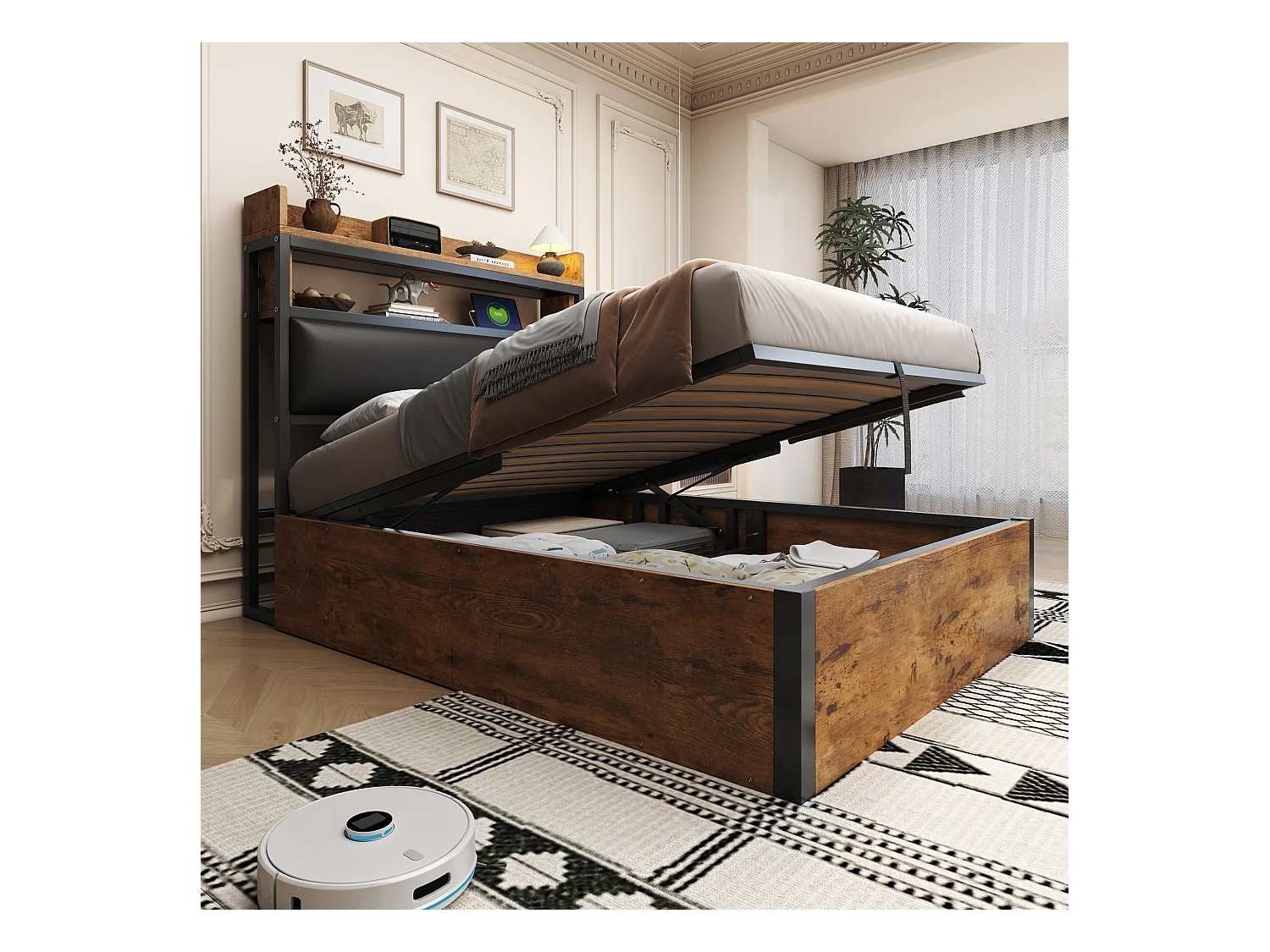 Lit coffre 90 x 200 cm - Lit simple avec chargement USB et tête de lit coffre - bois noir