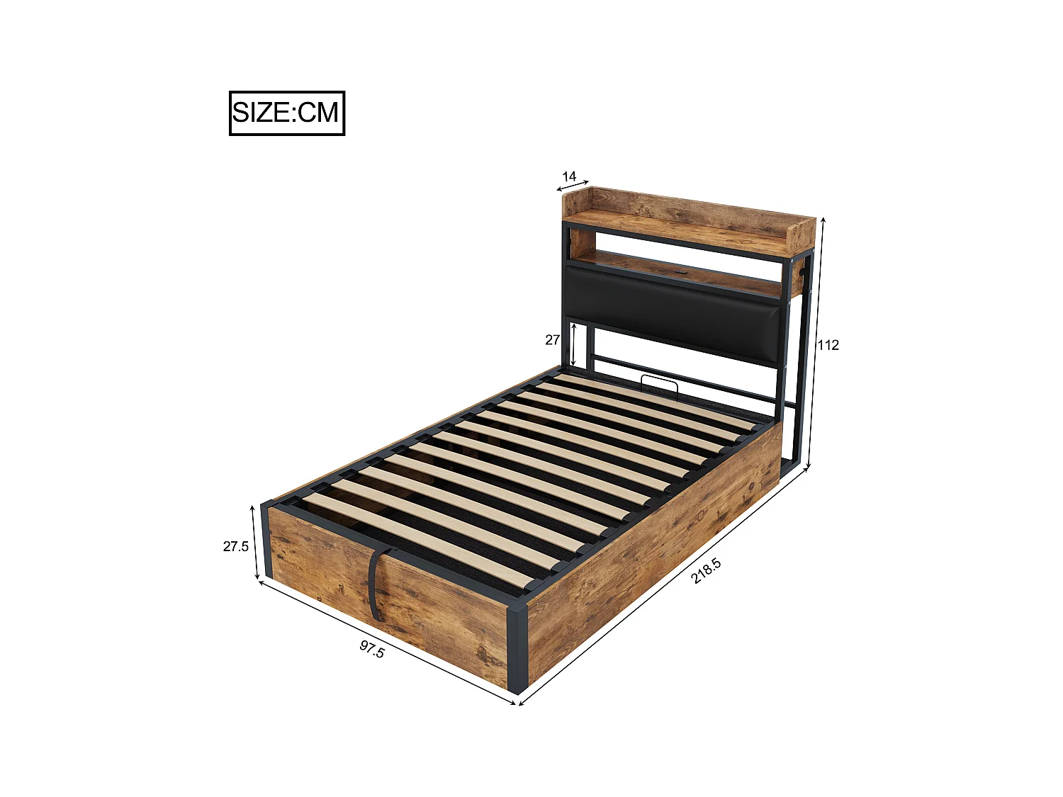 Lit coffre 90 x 200 cm - Lit simple avec chargement USB et tête de lit coffre - bois noir