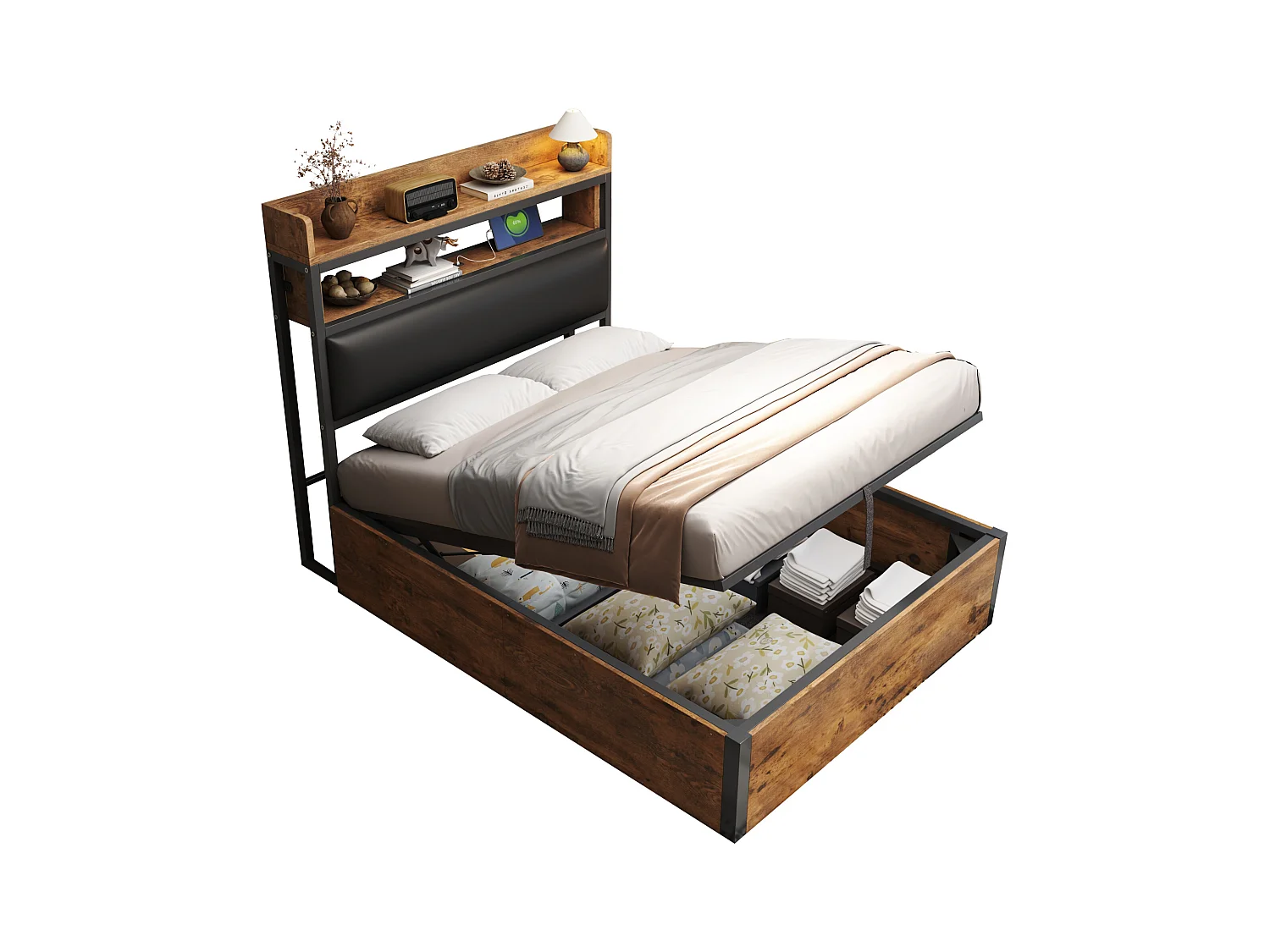 Lit coffre 90 x 200 cm - Lit simple avec chargement USB et tête de lit coffre - bois noir