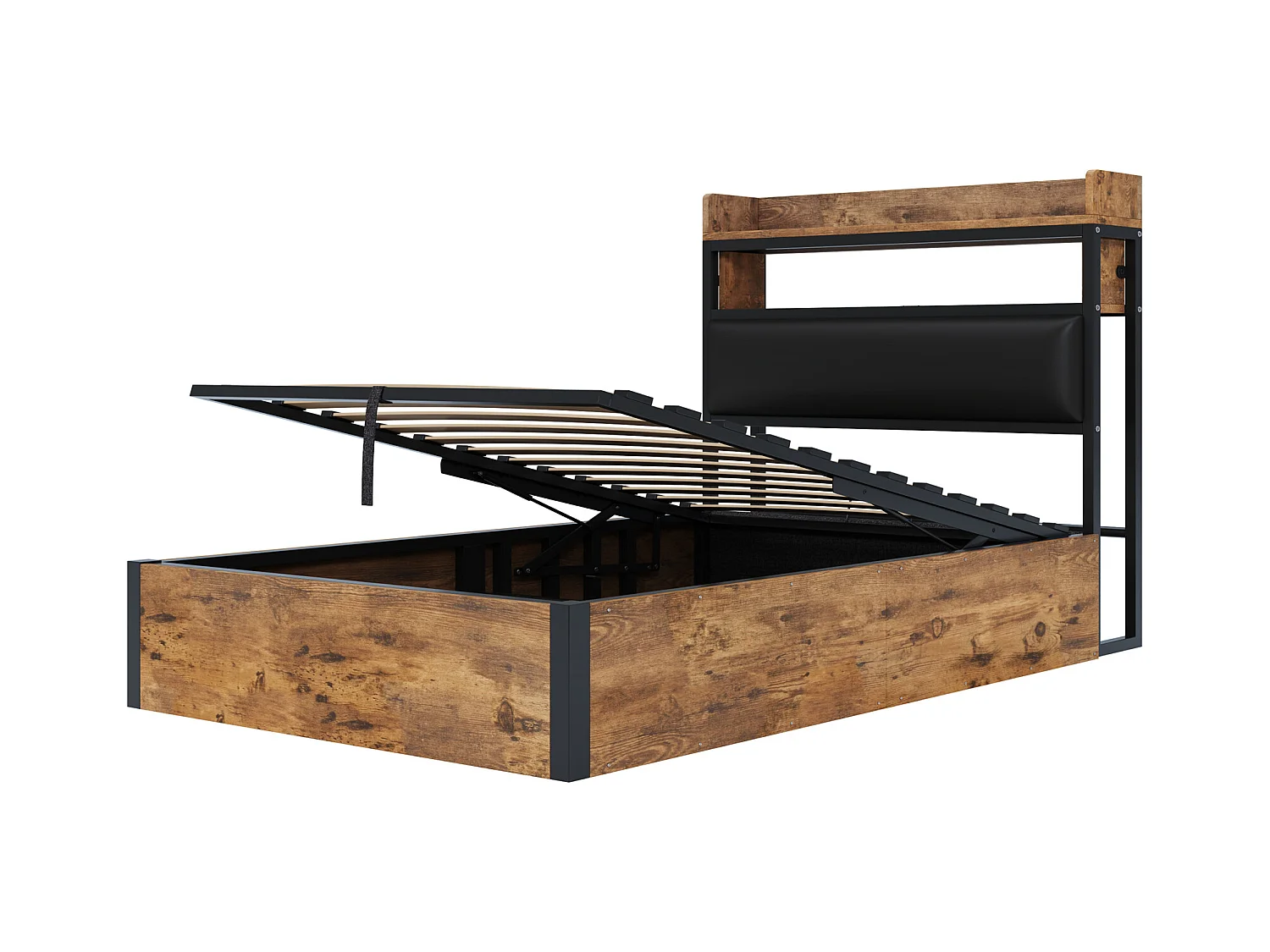 Lit coffre 90 x 200 cm - Lit simple avec chargement USB et tête de lit coffre - bois noir