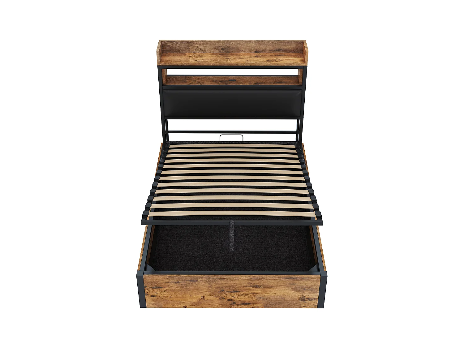 Lit coffre 90 x 200 cm - Lit simple avec chargement USB et tête de lit coffre - bois noir