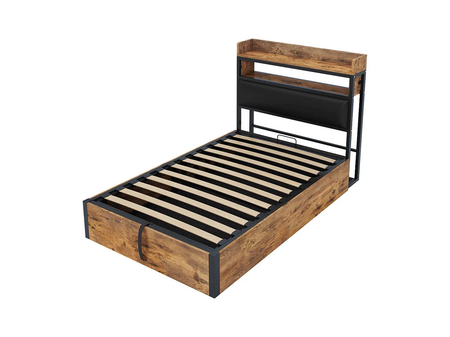 Lit coffre 90 x 200 cm - Lit simple avec chargement USB et tête de lit coffre - bois noir