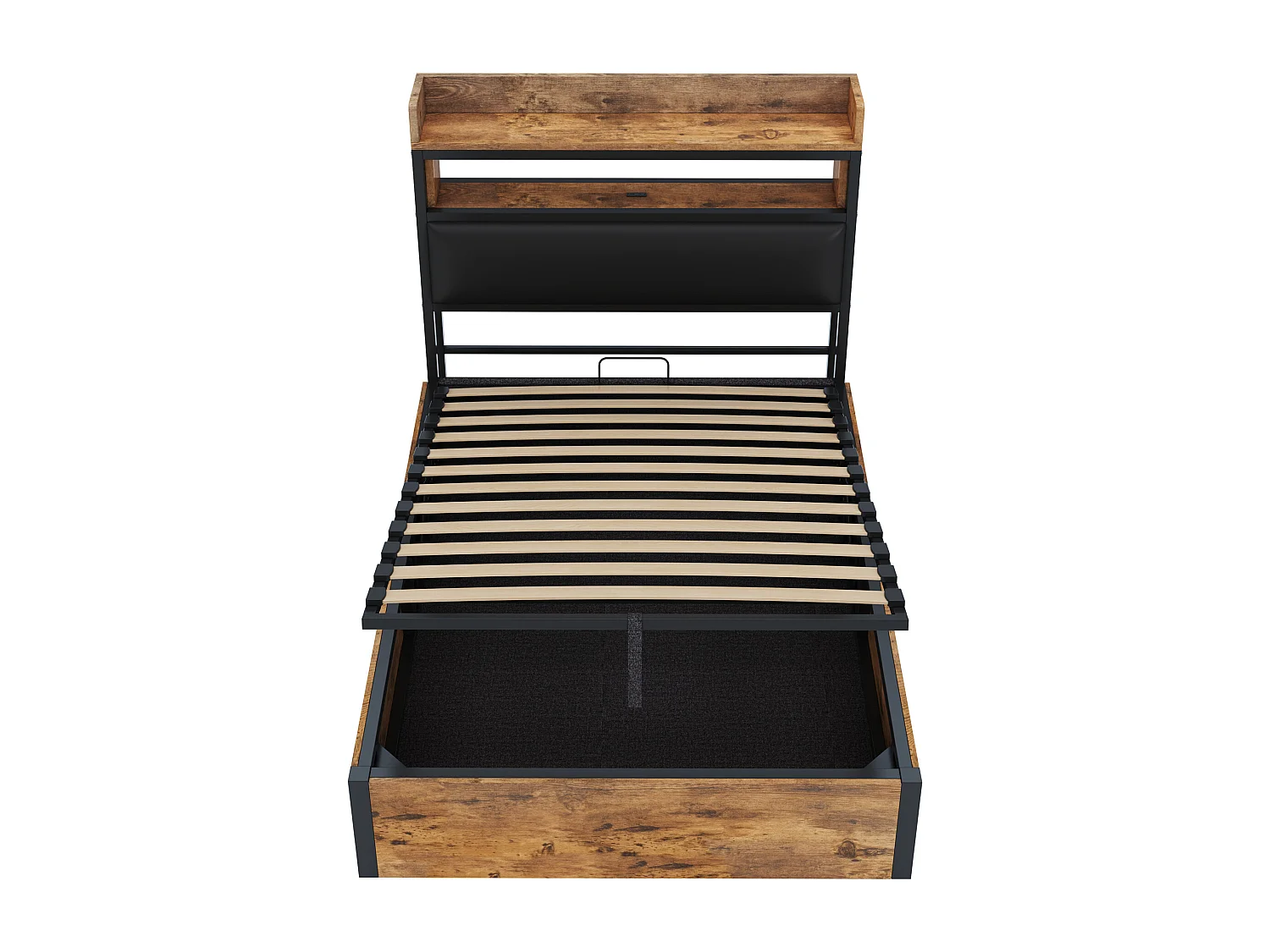 Łóżko 90 x 200 cm z pojemnikiem - Łóżko pojedyncze z zagłówkiem z funkcją ładowania USB i schowkiem - Czarne drewno