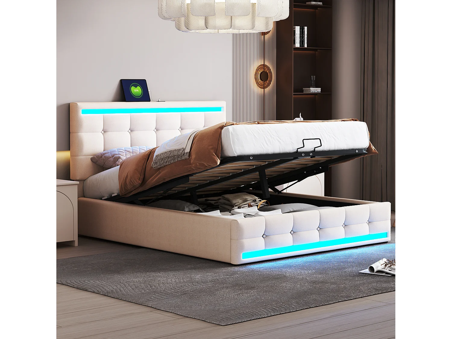 Lit coffre 140 x 200 cm - Lit adulte avec éclairage LED et 2 ports de charge USB - hauteur de tête de lit réglable - lin beige