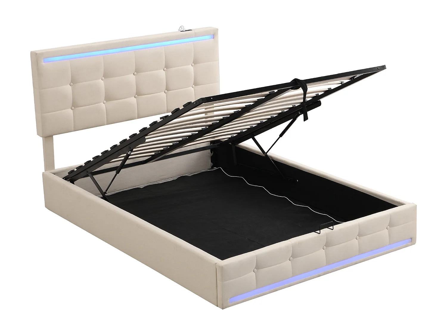 Lit coffre 140 x 200 cm - Lit adulte avec éclairage LED et 2 ports de charge USB - hauteur de tête de lit réglable - lin beige