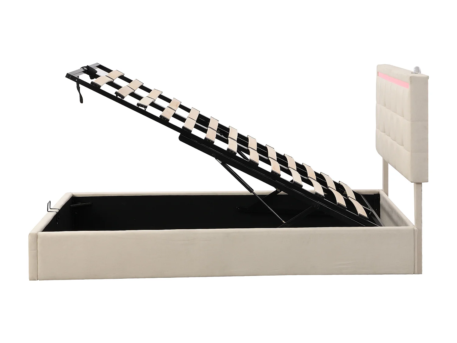 Lit coffre 140 x 200 cm - Lit adulte avec éclairage LED et 2 ports de charge USB - hauteur de tête de lit réglable - lin beige