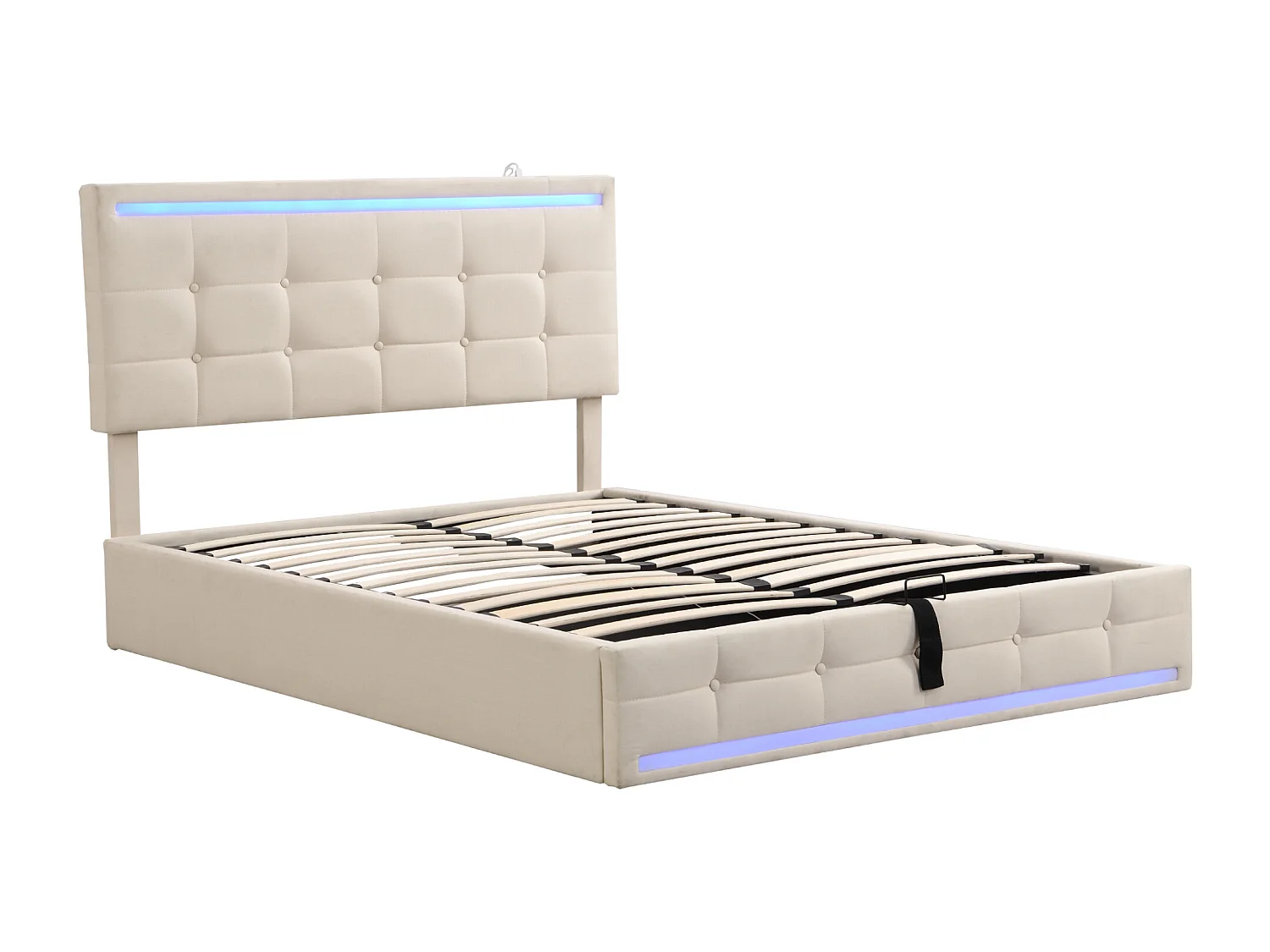 Lit coffre 140 x 200 cm - Lit adulte avec éclairage LED et 2 ports de charge USB - hauteur de tête de lit réglable - lin beige