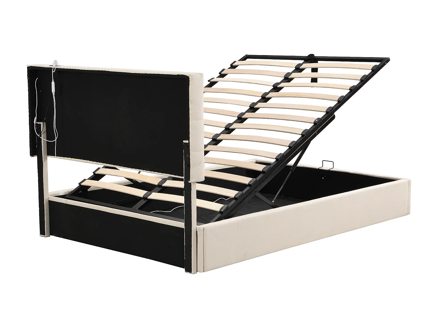 Lit coffre 140 x 200 cm - Lit adulte avec éclairage LED et 2 ports de charge USB - hauteur de tête de lit réglable - lin beige