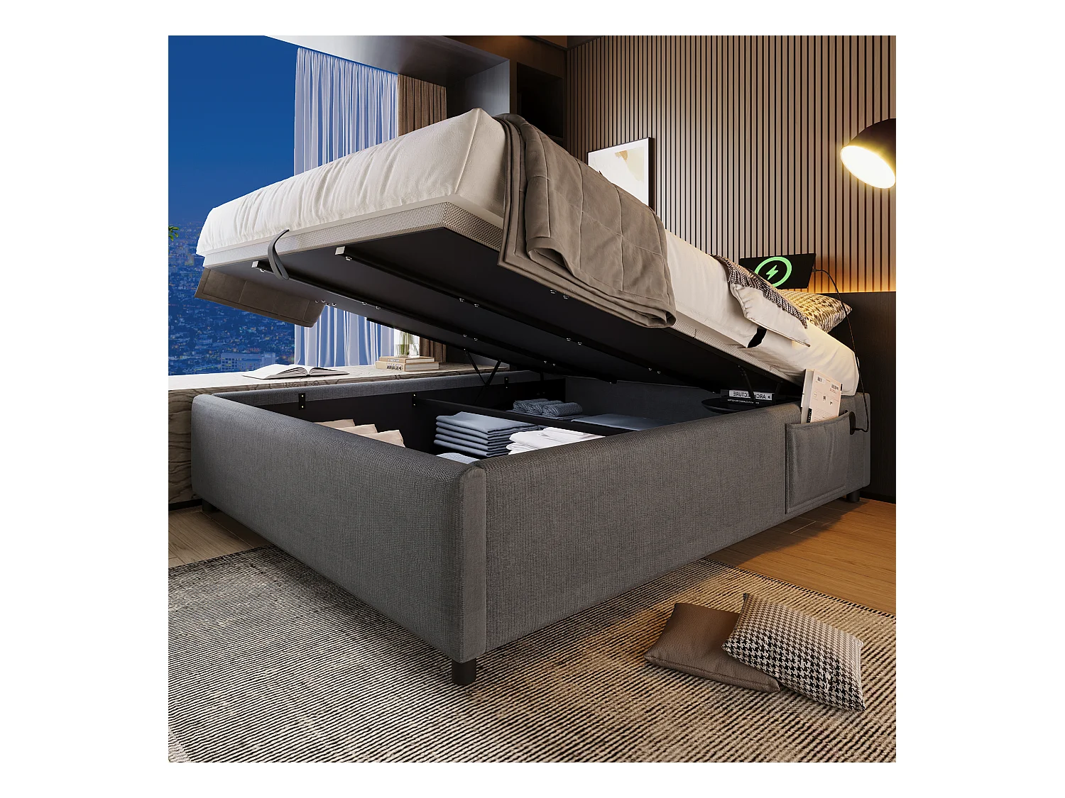 Lit coffre 160 x 200 cm - Lit enfant avec port USB et poche de rangement - lin gris - sans matelas