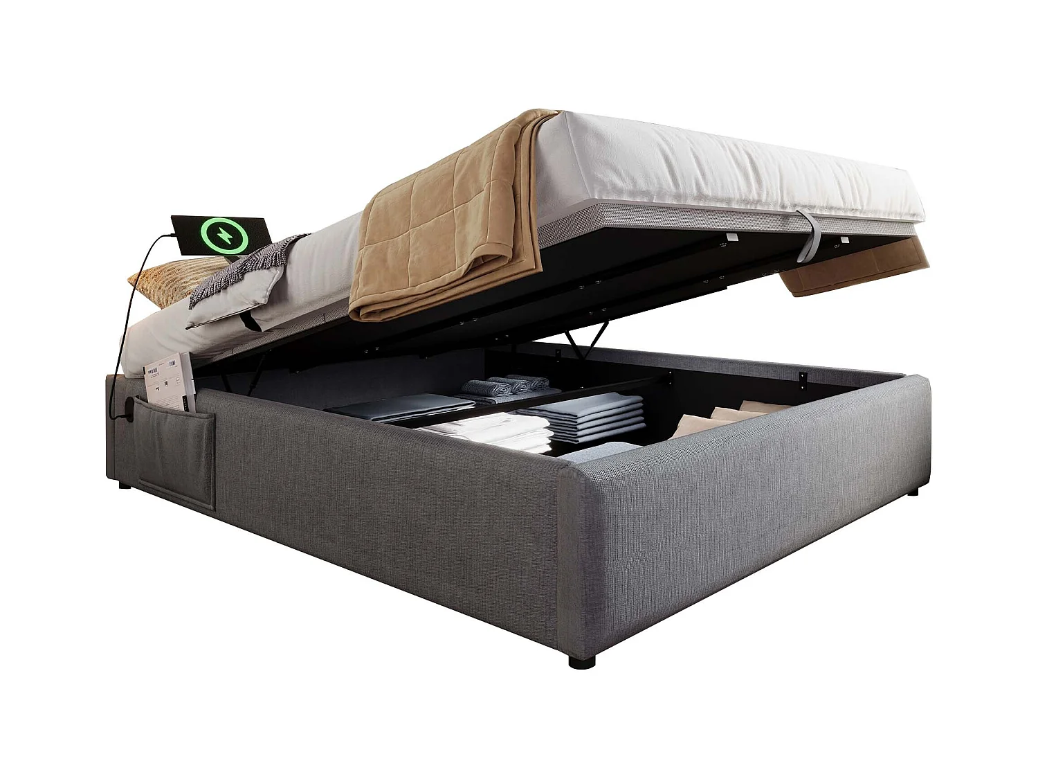 Lit coffre 160 x 200 cm - Lit enfant avec port USB et poche de rangement - lin gris - sans matelas