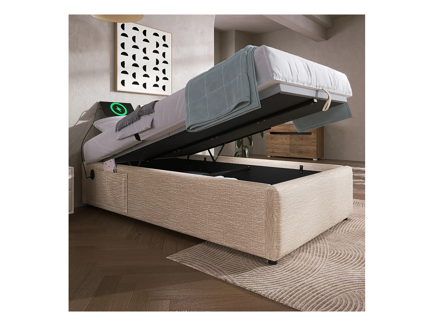 Lit coffre 90 x 200 cm - Lit enfant avec port USB et poche de rangement - lin beige - sans matelas