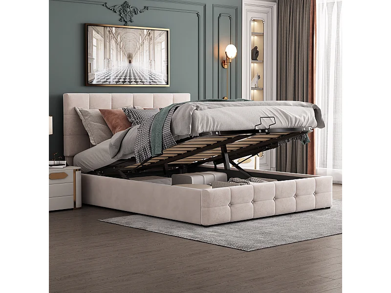 Stauraumbett 140 x 200 cm - Doppelbett mit höhenverstellbarem Kopfteil - weißer samt - ohne matratze