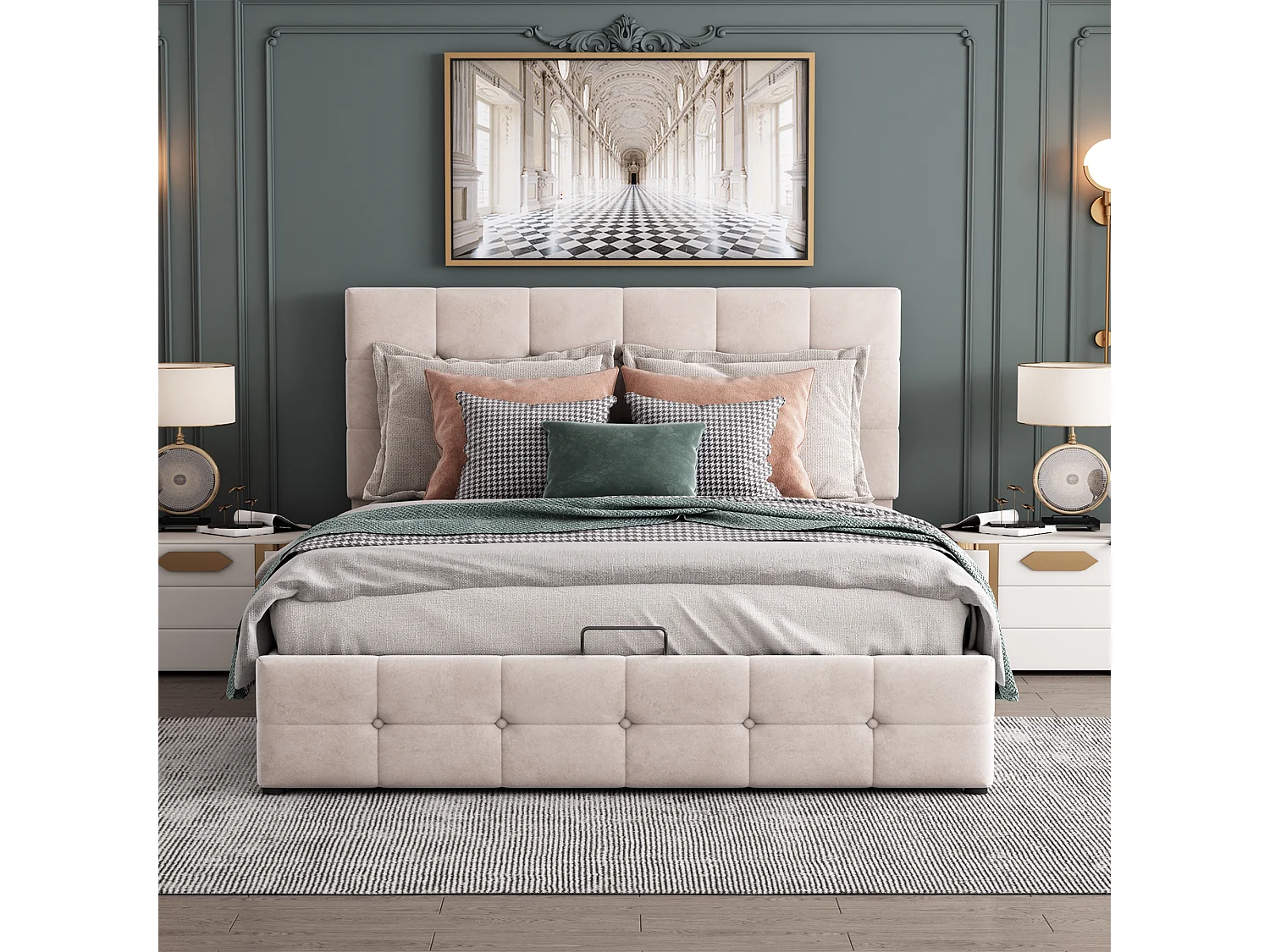 Lit coffre 140 x 200 cm - Lit double avec tête de lit réglable en hauteur - velours blanc - sans matelas