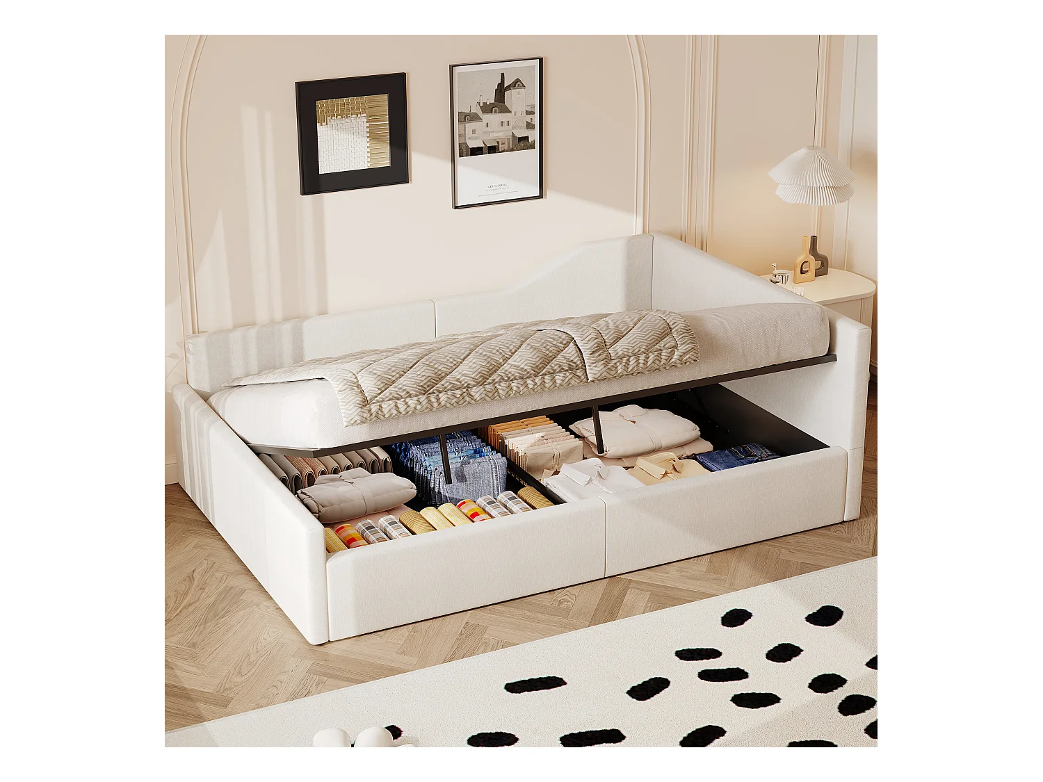 Lit coffre 140 x 200 cm - Lit adulte avec dossier et accoudoirs - lin beige - sans matelas