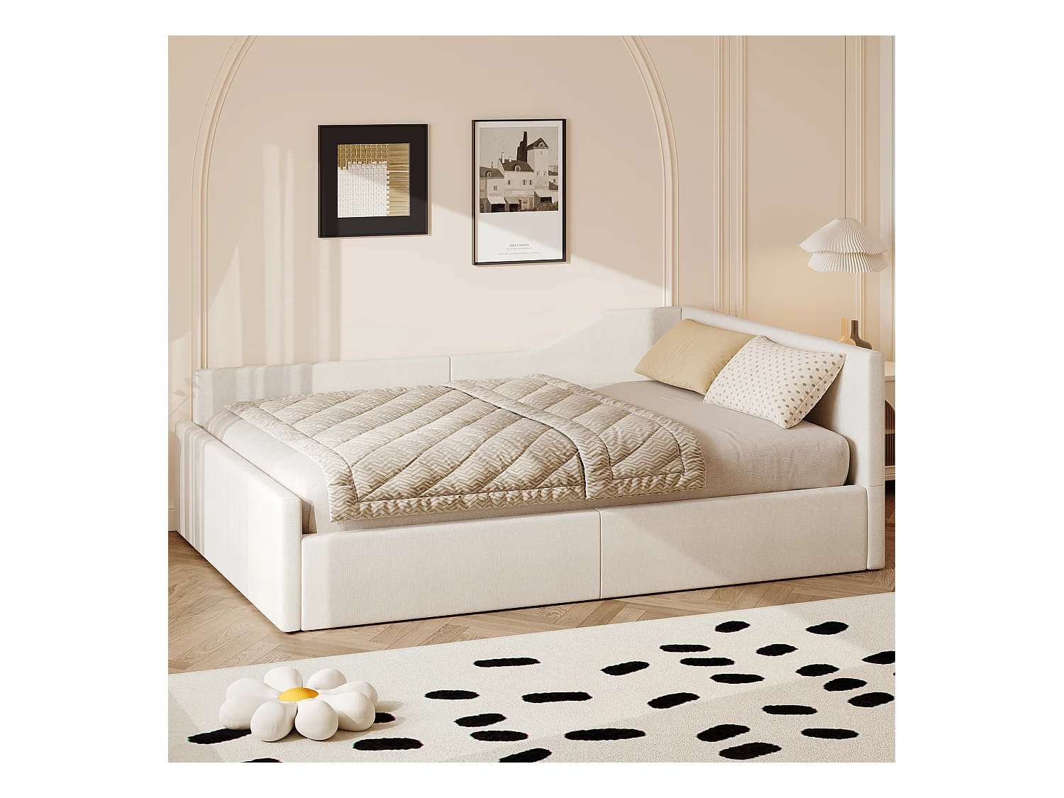 Lit coffre 140 x 200 cm - Lit adulte avec dossier et accoudoirs - lin beige - sans matelas