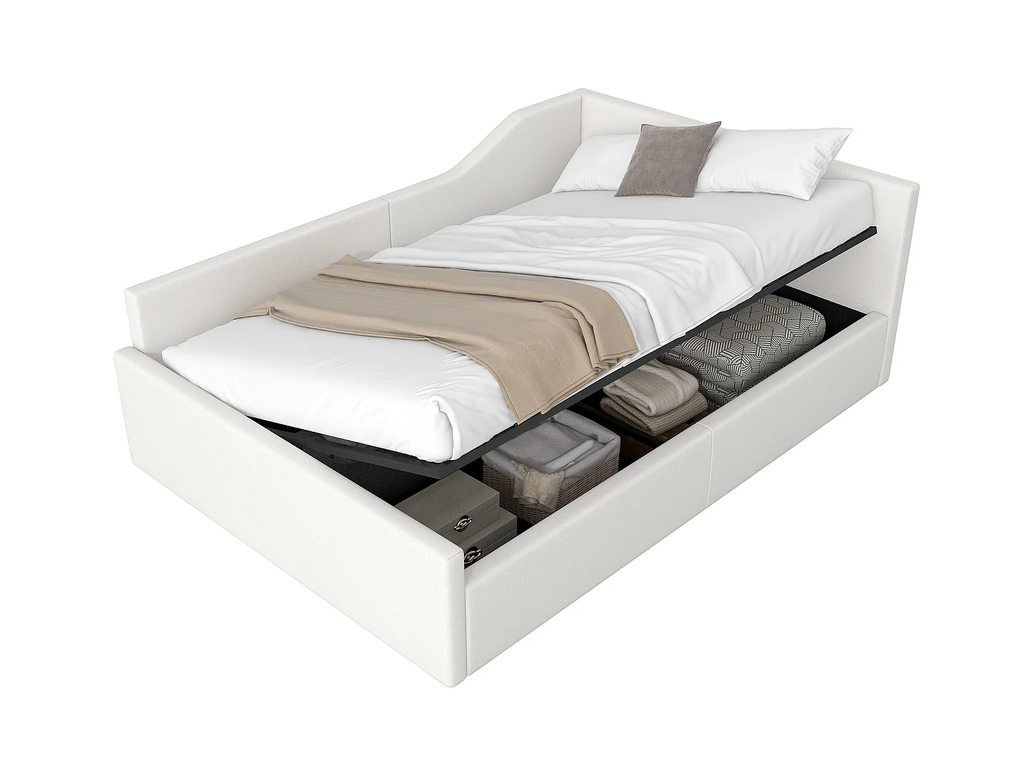 Lit coffre 140 x 200 cm - Lit adulte avec dossier et accoudoirs - lin beige - sans matelas