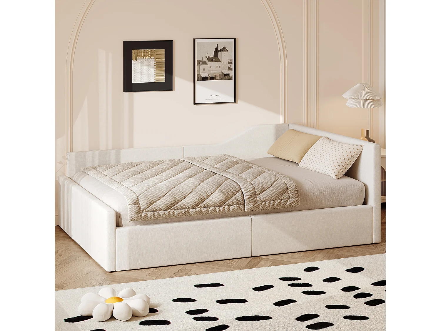 Cama con canapé 140 x 200 cm - Cama para adultos con respaldo y reposabrazos - lino beige - sin colchón