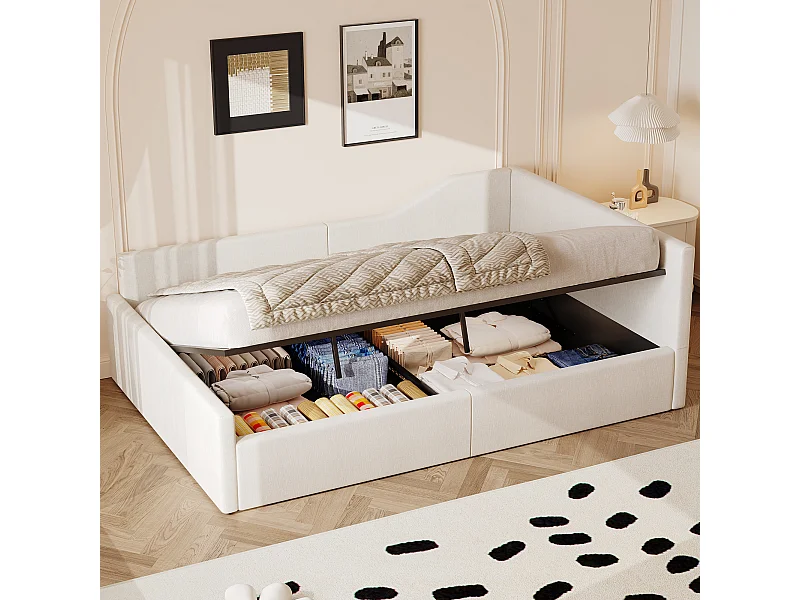 Opbergbed 140 x 200 cm - Volwassen bed met rugleuning en armleuningen - beige linnen - zonder matras