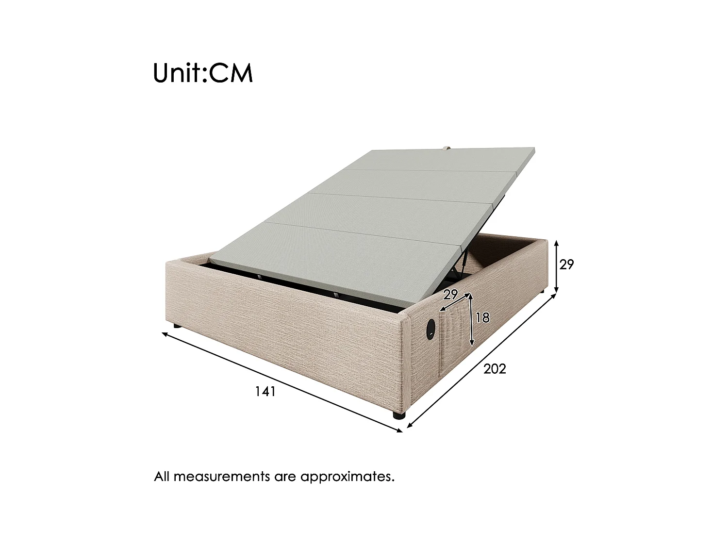 Lit coffre 140 x 200 cm - Lit enfant avec port USB et poche de rangement - lin beige - sans matelas