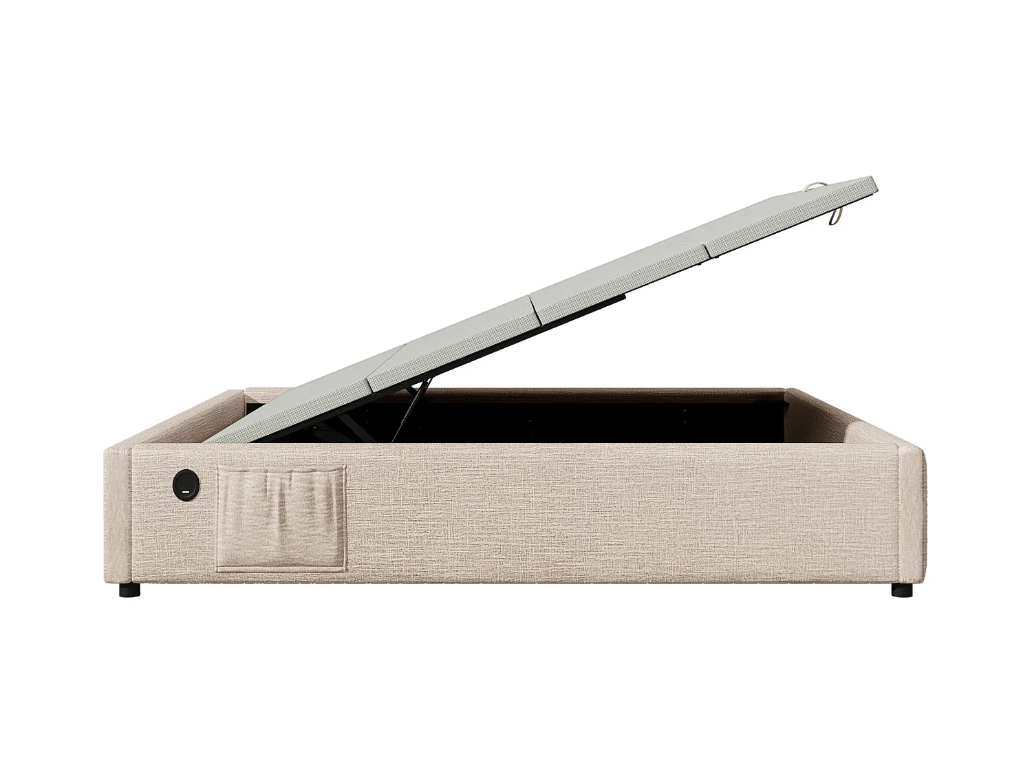 Lit coffre 140 x 200 cm - Lit enfant avec port USB et poche de rangement - lin beige - sans matelas