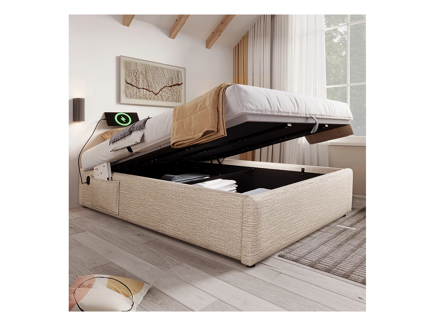 Lit coffre 160 x 200 cm - Lit enfant avec port USB et poche de rangement - lin beige - sans matelas