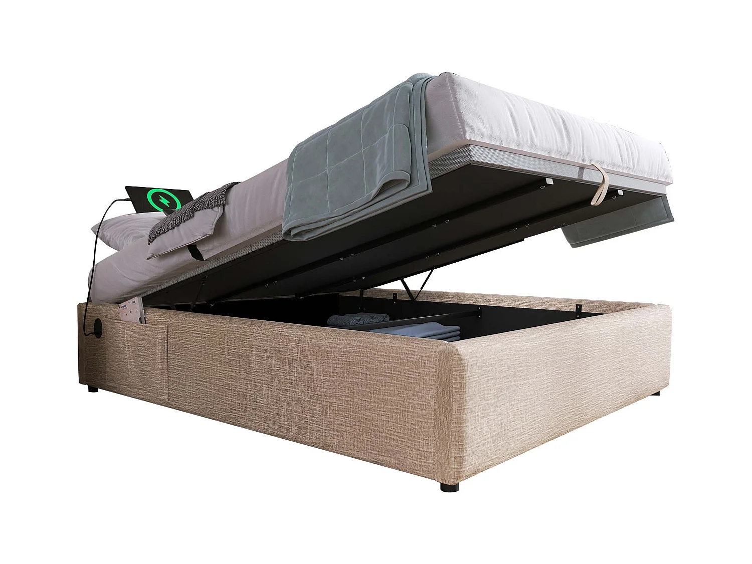 Lit coffre 160 x 200 cm - Lit enfant avec port USB et poche de rangement - lin beige - sans matelas