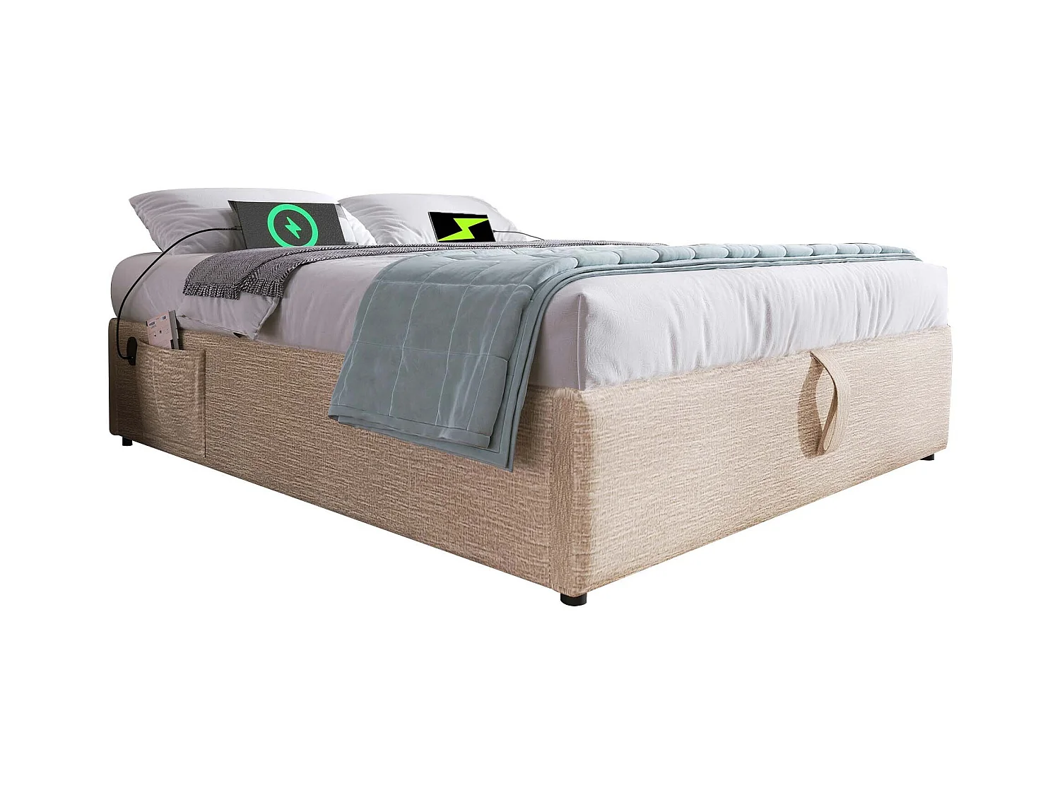 Lit coffre 160 x 200 cm - Lit enfant avec port USB et poche de rangement - lin beige - sans matelas