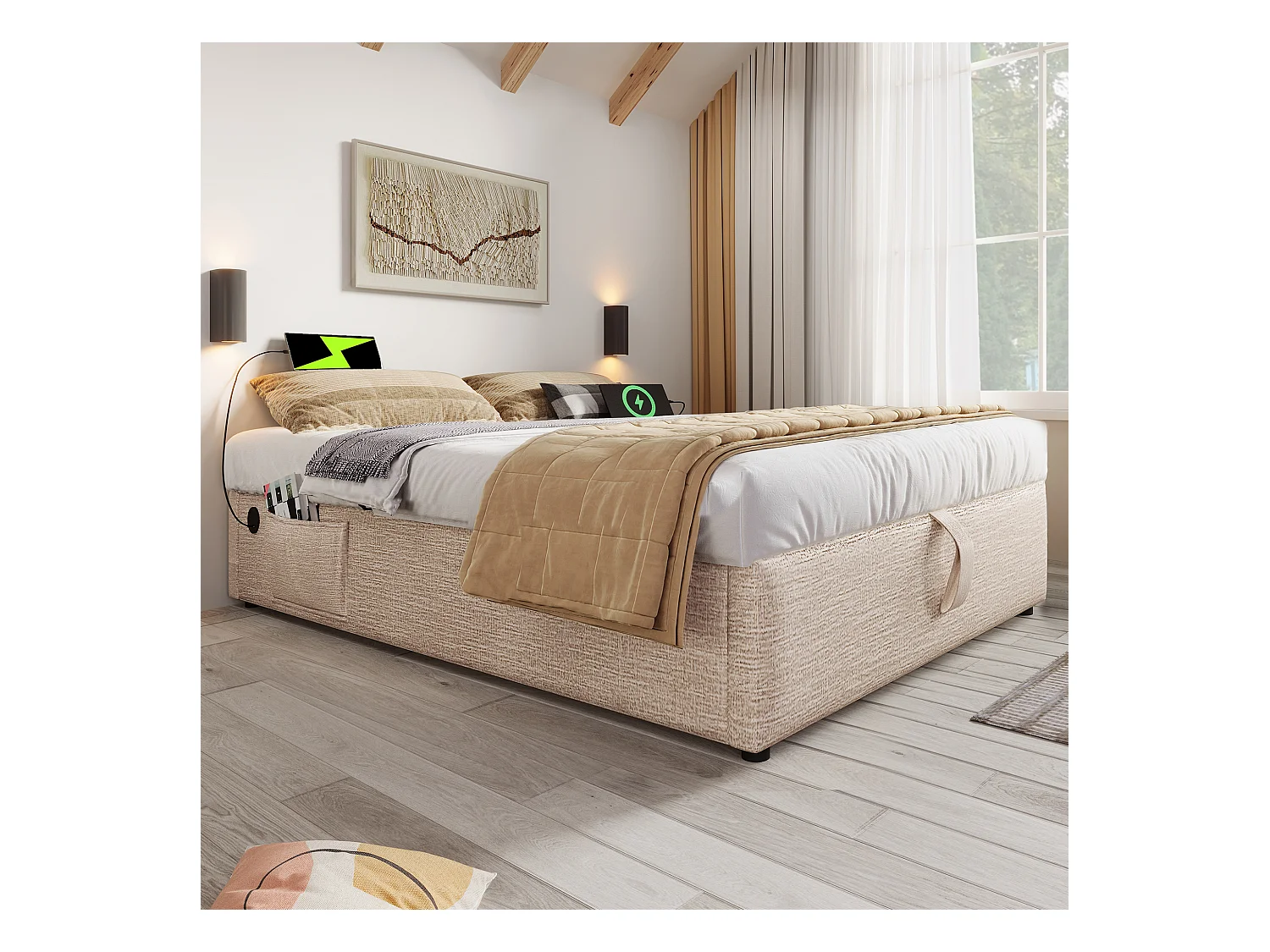 Lit coffre 160 x 200 cm - Lit enfant avec port USB et poche de rangement - lin beige - sans matelas
