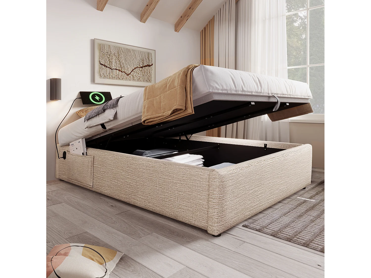 Lit coffre 160 x 200 cm - Lit enfant avec port USB et poche de rangement - lin beige - sans matelas