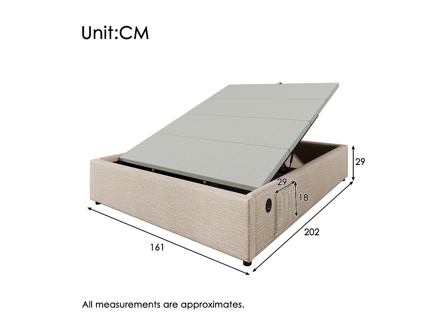 Lit coffre 160 x 200 cm - Lit enfant avec port USB et poche de rangement - lin beige - sans matelas