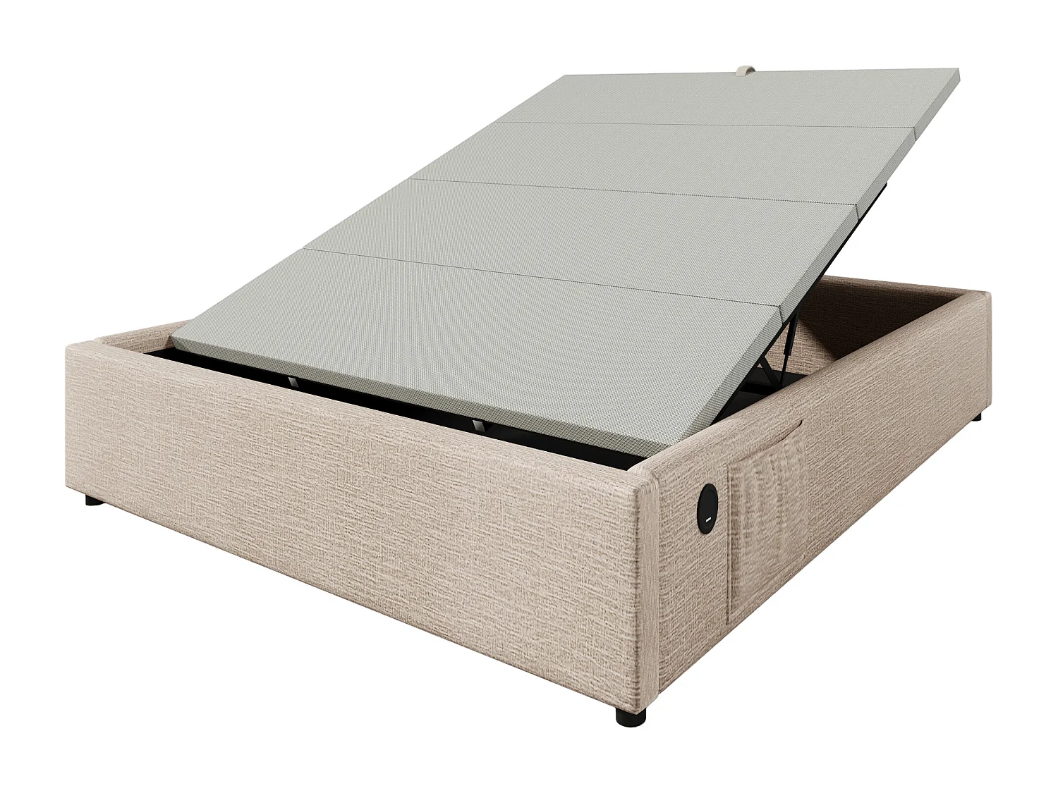Lit coffre 160 x 200 cm - Lit enfant avec port USB et poche de rangement - lin beige - sans matelas