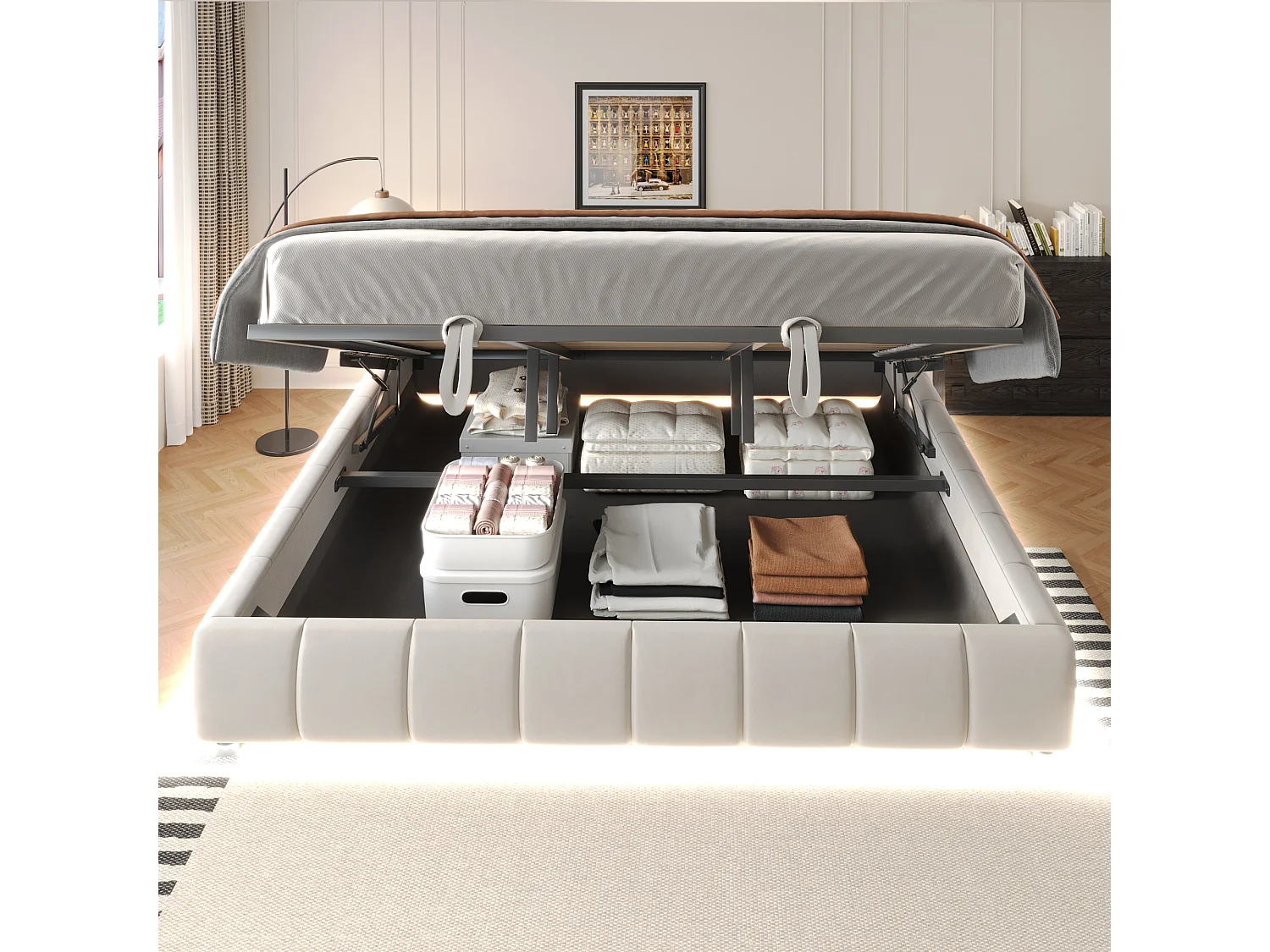 Lit coffre 180 x 200 cm - Lit adulte avec éclairage LED et rangement - flanelle beige - sans matelas