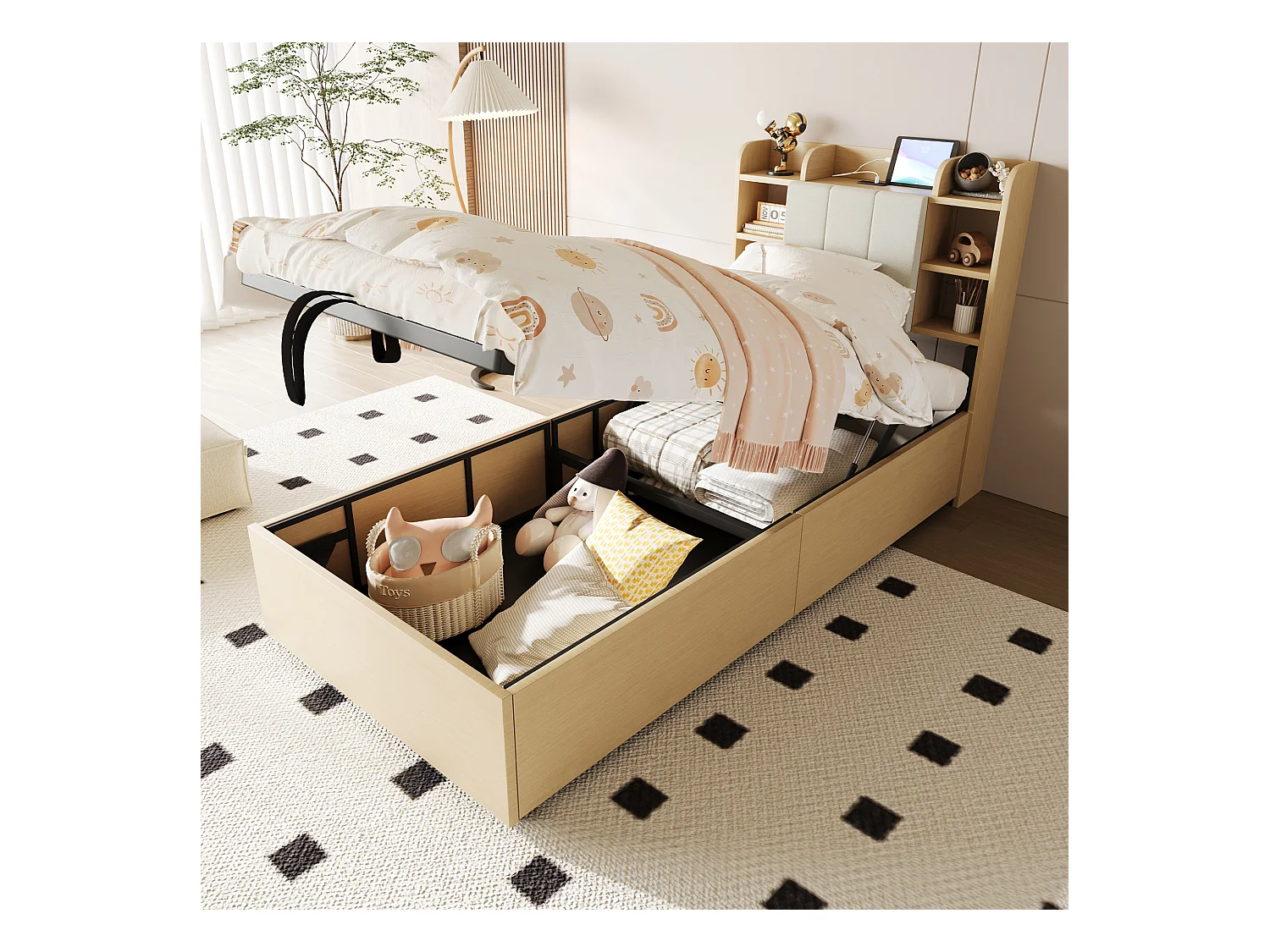 Lit coffre 90 x 200 cm - Lit enfant avec tête de lit avec rangement et recharge USB - bois naturel - sans matelas