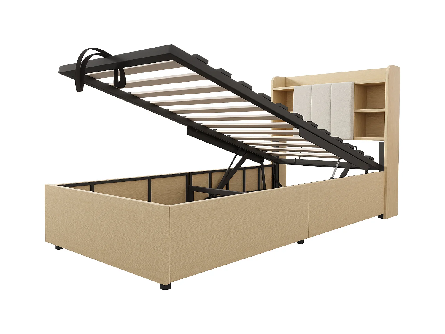 Lit coffre 90 x 200 cm - Lit enfant avec tête de lit avec rangement et recharge USB - bois naturel - sans matelas