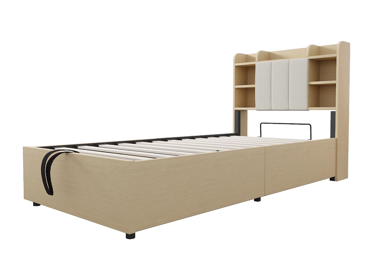 Lit coffre 90 x 200 cm - Lit enfant avec tête de lit avec rangement et recharge USB - bois naturel - sans matelas