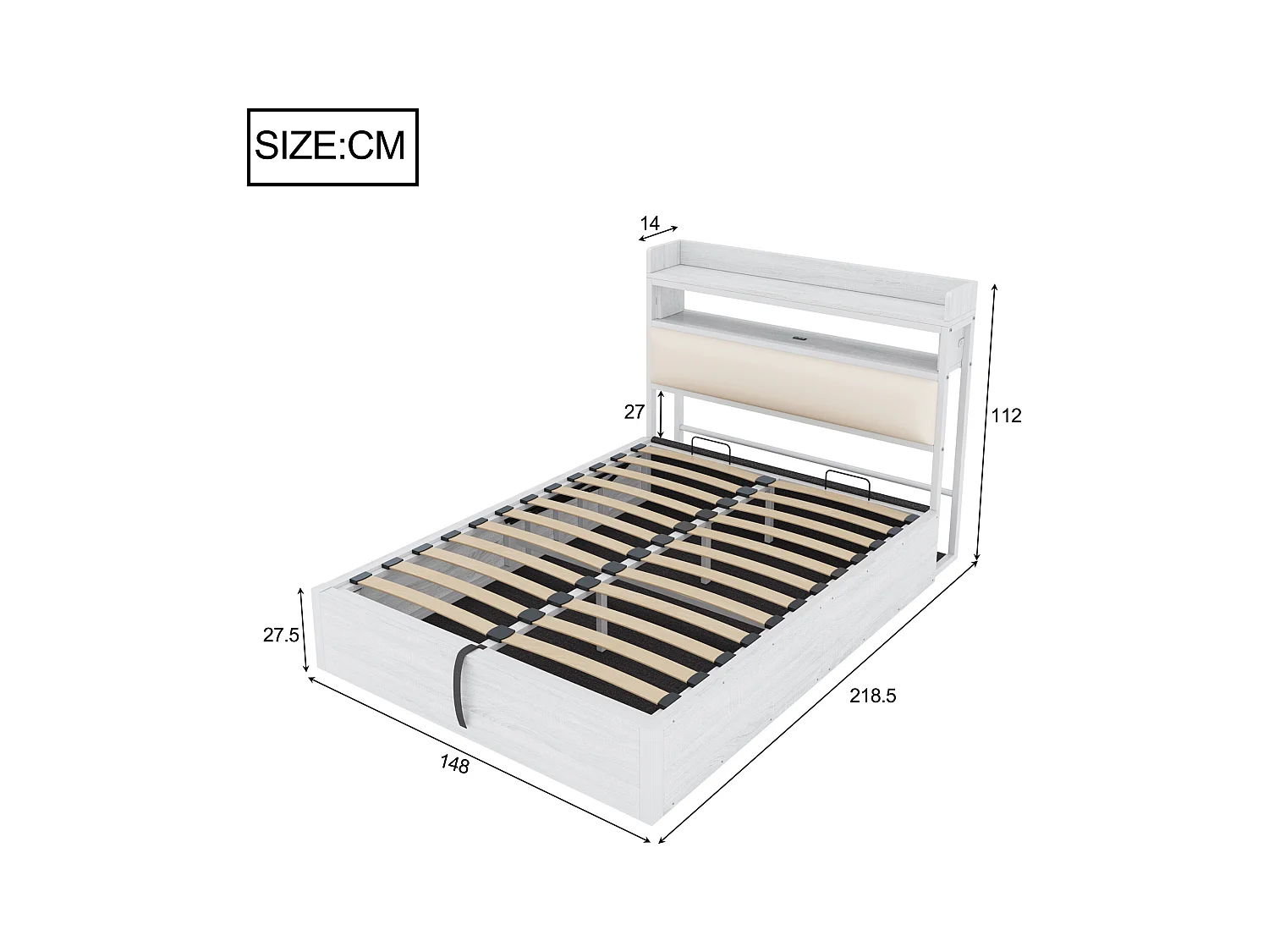 Lit coffre 140 x 200 cm - Lit double avec chargement USB et tête de lit coffre - bois blanc