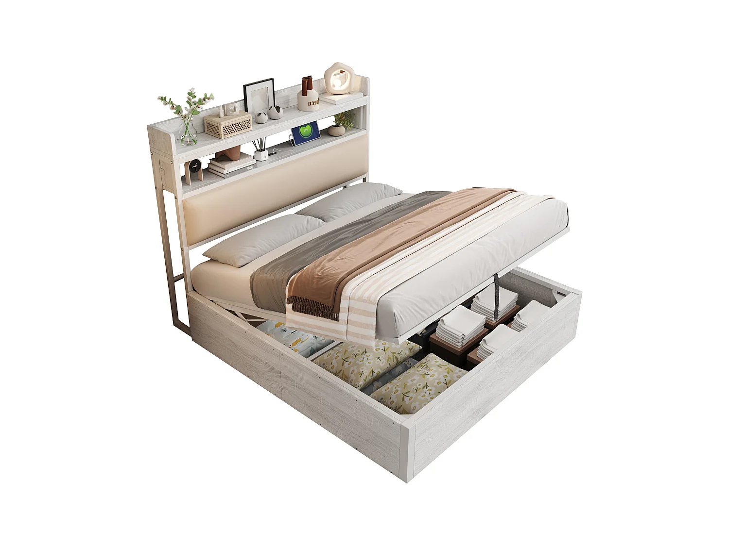 Lit coffre 140 x 200 cm - Lit double avec chargement USB et tête de lit coffre - bois blanc