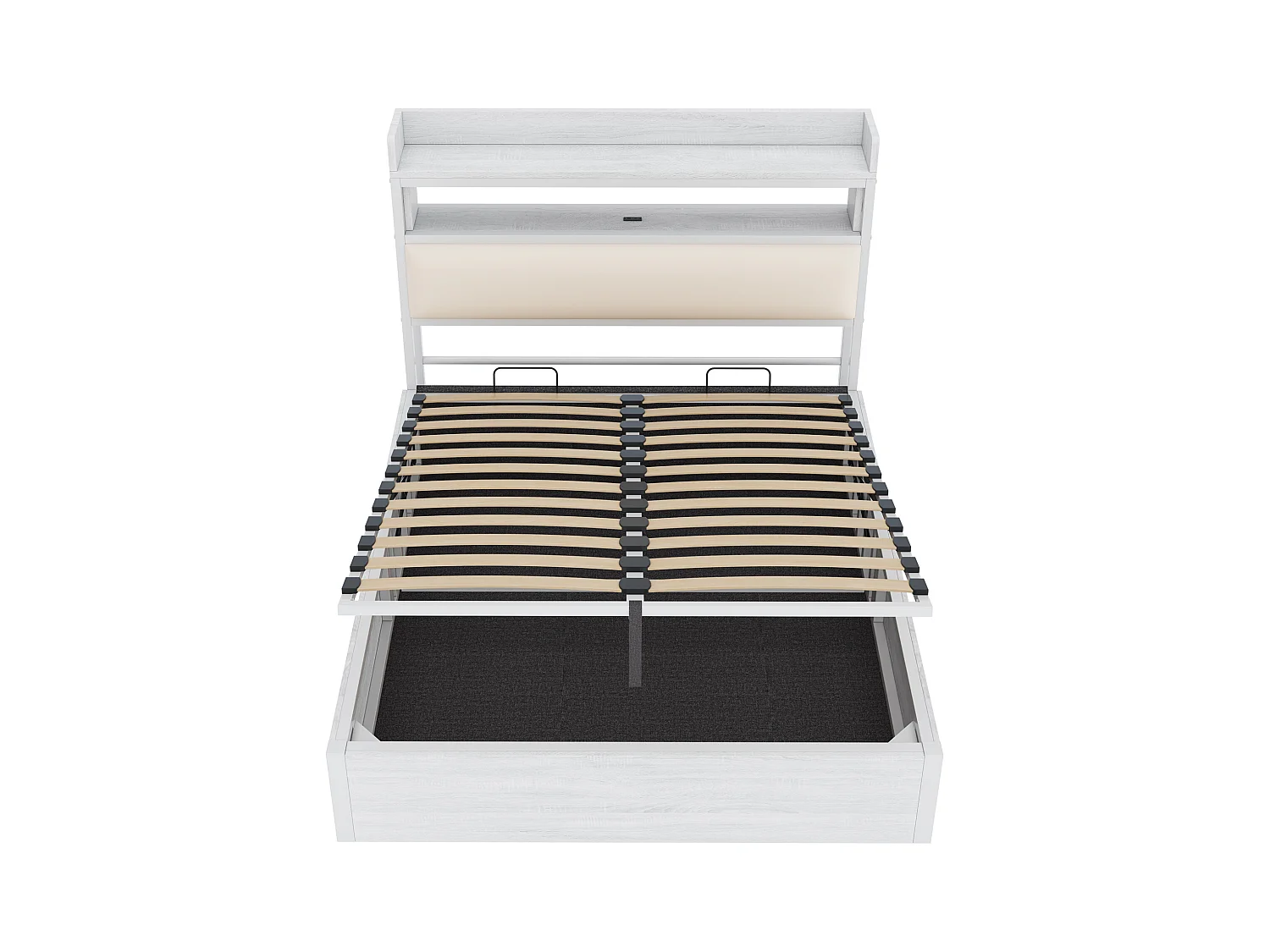 Lit coffre 140 x 200 cm - Lit double avec chargement USB et tête de lit coffre - bois blanc