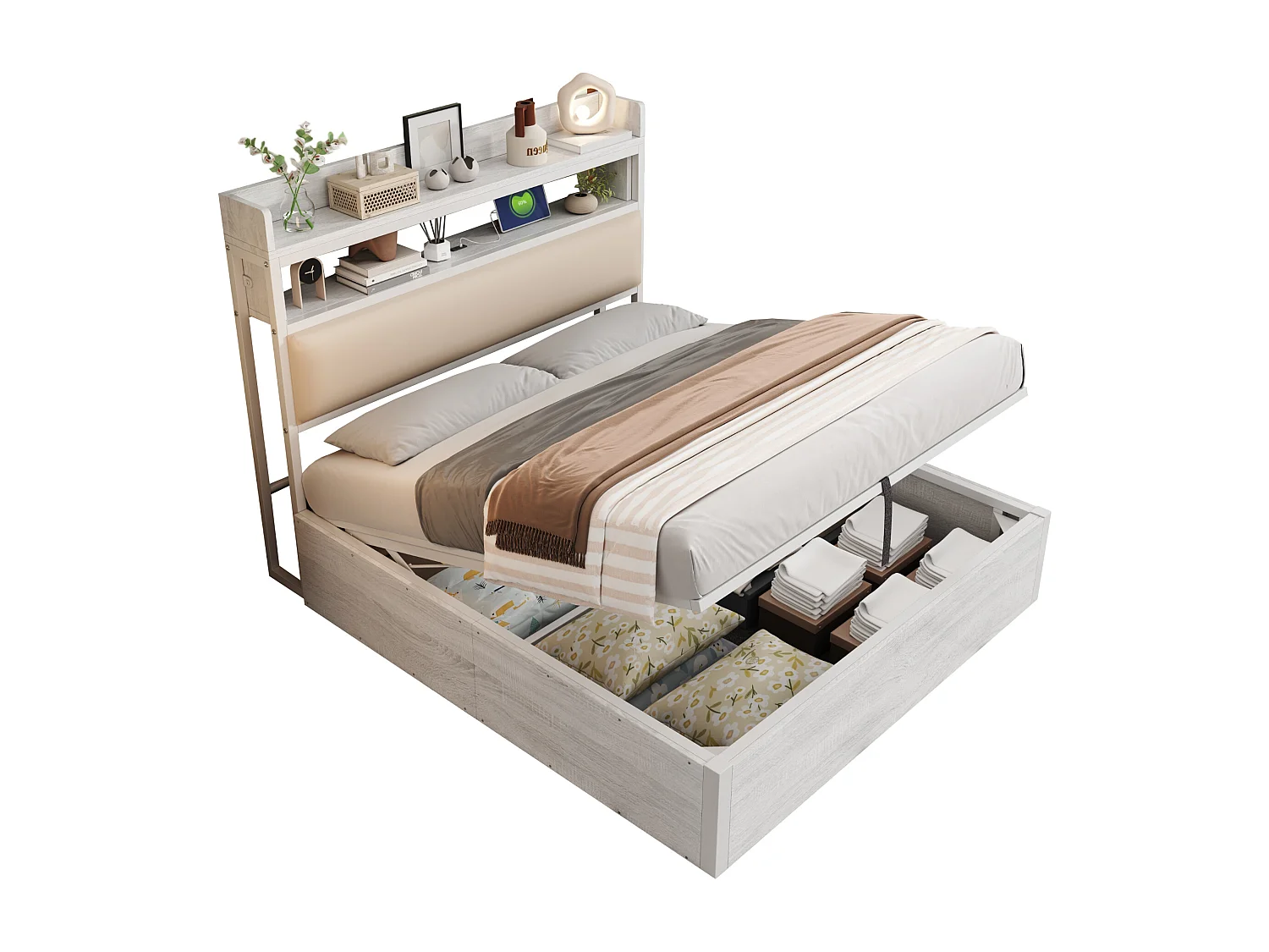 Lit coffre 140 x 200 cm - Lit double avec chargement USB et tête de lit coffre - bois blanc