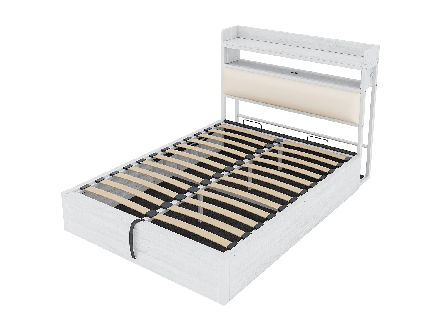 Lit coffre 140 x 200 cm - Lit double avec chargement USB et tête de lit coffre - bois blanc