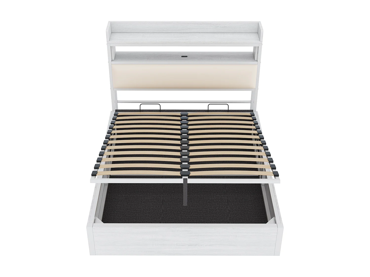 Lit coffre 140 x 200 cm - Lit double avec chargement USB et tête de lit coffre - bois blanc