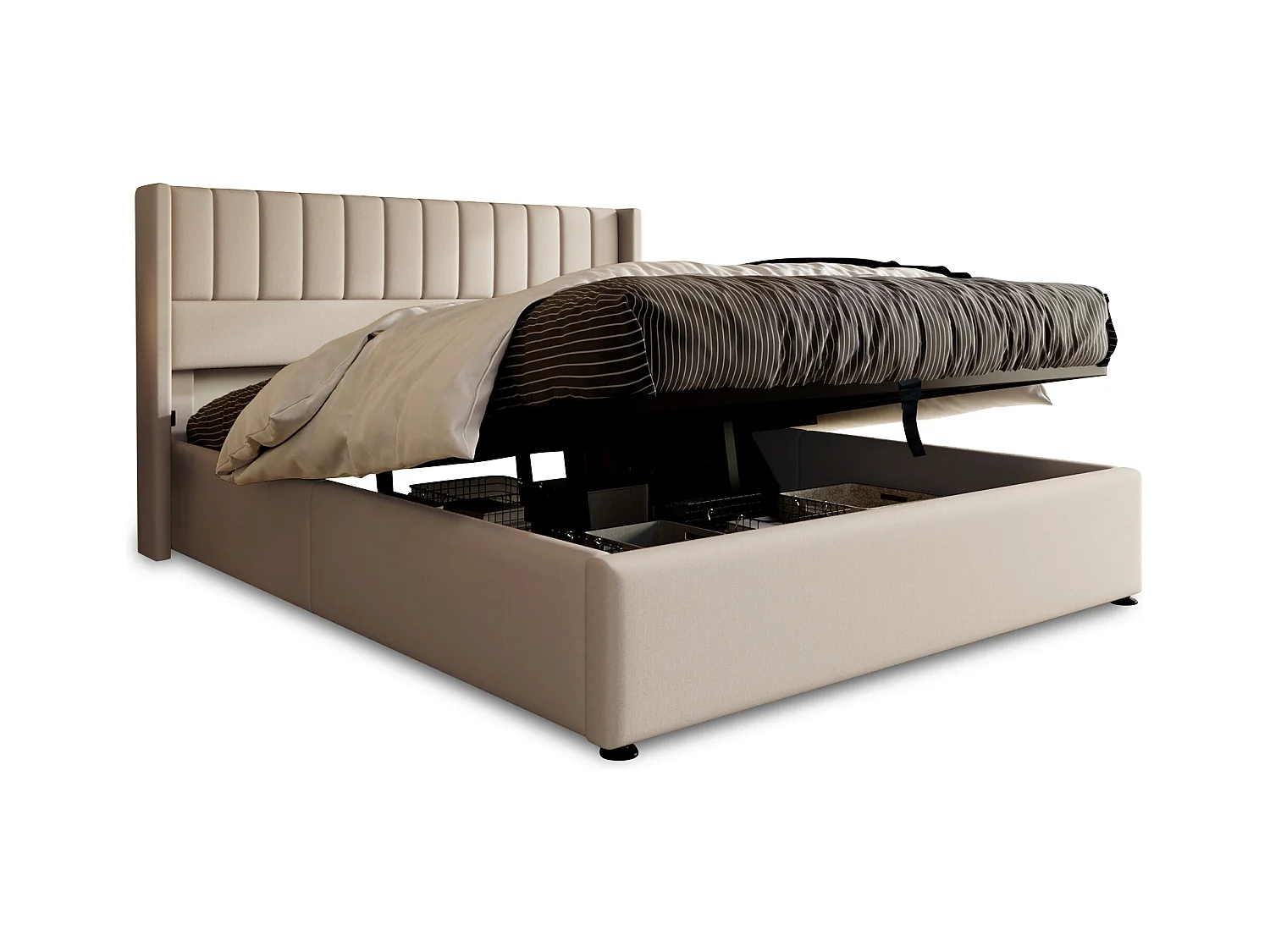 Cama com arrumação de 180 x 200 cm - Cama de adulto com encosto estofado - linho bege - sem colchão