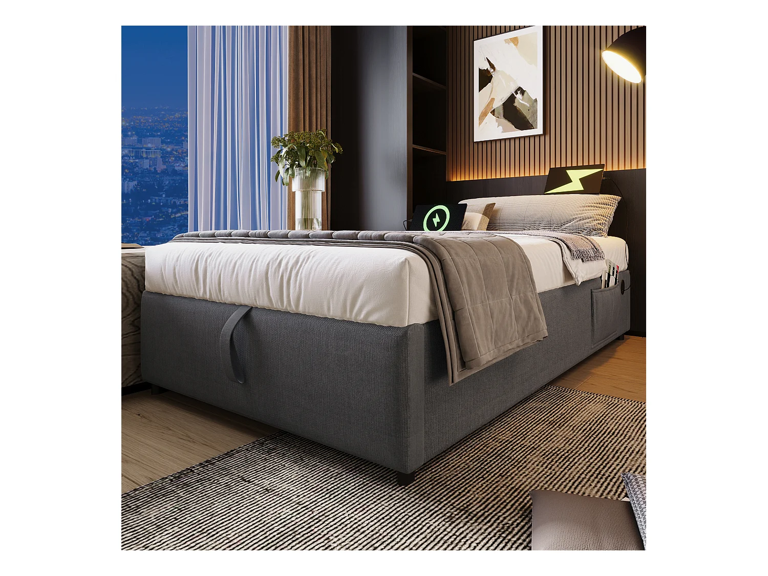 Lit coffre 90 x 200 cm - Lit enfant avec port USB et poche de rangement - lin gris - sans matelas