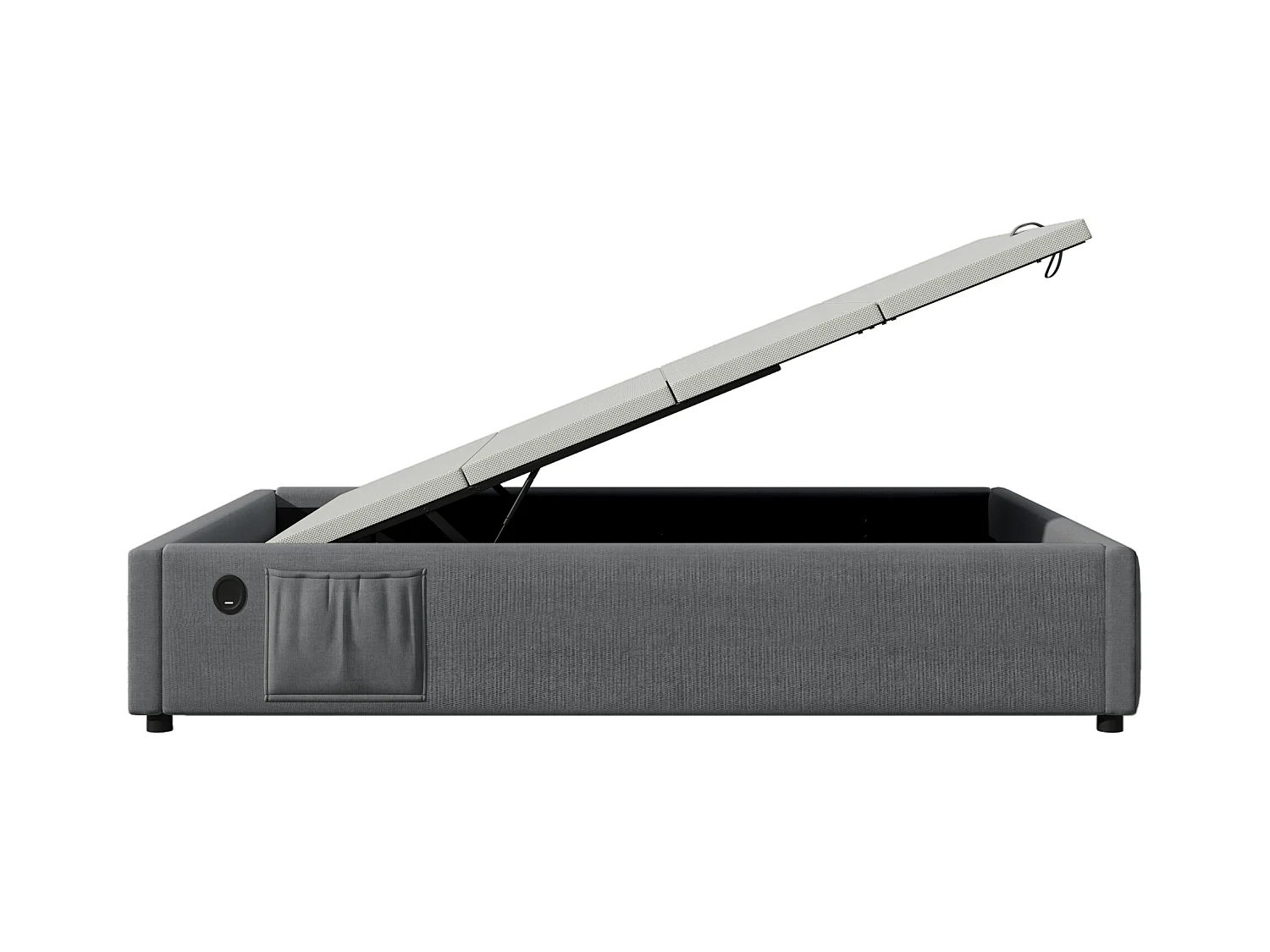 Lit coffre 90 x 200 cm - Lit enfant avec port USB et poche de rangement - lin gris - sans matelas